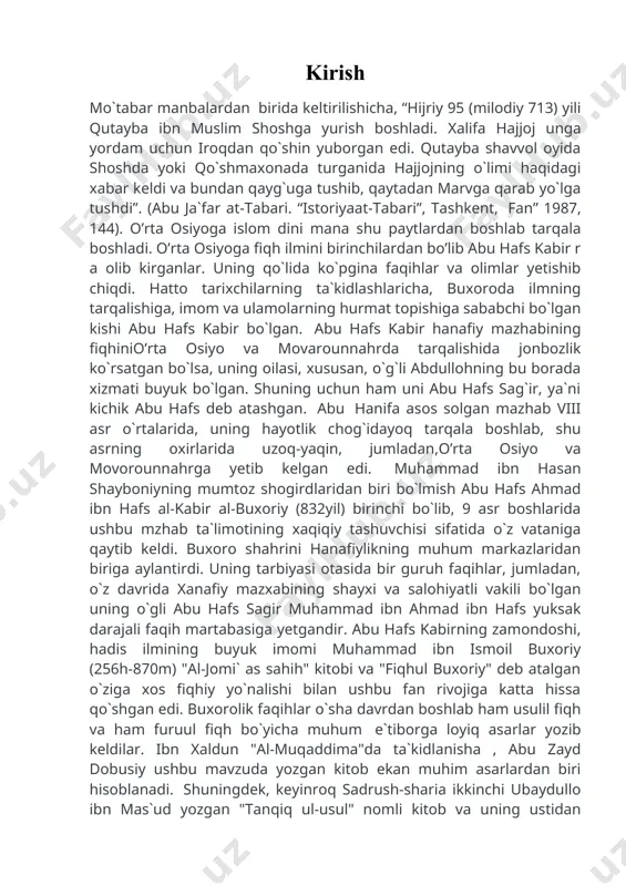 uhammad ibn ali ibn ismoil al-qaffol ash-shoshiy (291-365x) edi. u o`z davrining mashhur kishisi faqih muhaddis, mufassir, usuli (usulil fiqh bo`yicha olim ) adib va shoir bo`lib, ko`p asarlar yozgan. "usulil-fiqh" va "sharhul-risola" nomli asarlari katta shuhrat qozongan. ibn xallikonning ta`kidlashicha ushbu davrda movorounnahr xududida unga teng keladigan olim va faqih bo`lmagan. zarkaliniyning u fiqh, hadis, lug`at va adabiyot bo`yicha o`z davrining atoqli olimi hisoblangan. olim ko`p safarlardan keyin o`z shahri toshkentga qaytib kelib, shu yerdan hayotdan ko`z yumgan. uning qabri hastiimom yonida bo`lib, muxlislar mozoriga aylangan. kotib chalabiyning yozishicha, uning o`g`li shayx qosim ibn muhammad al-qaffol ash-shoshiy shofiiy mazhabida eng muhim, mukammal va e`tibor kitoblardan biri bo`lmish "at- fil-furu " nomli asarning muallifi edi. o`sha davrlarda shofiiy mazhabi , xuroson, turkiston va eronda katta e`tibor qozongan edi. hoja nizomulmulk o`zining "siyosatnoma" asarida ta`kidlashicha, sulton mahmud g`aznaviy hanafiy mazhabiga bo`la turib, ibodatlarni shofiiy mazhabi qoidalariga asoslanib ado etardi. saljuqiylarning mashhur …