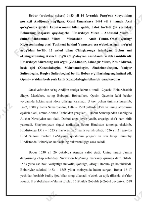 riylar sulolasi 1483 – 1858 yillar mobaynida hukm surgan. bobur 16-17 yoshidan boshlab badiiy ijod bilan shug‘ullanadi, o‘zbek va tojik tillarida she’rlar yozadi. u o‘zbekcha she’rlarini to‘plab 1519 yilda qobulda («qobul devoni»), 1528 – 29 yilda hindistonda («hind devoni») devonlar tuzgan. bizgacha yetib kelgan she’rlarining umumiy soni 400 dan oshadi. shulardan 119 tasi g‘azal, 231 tasi ruboiydir. bobur lirikasining asosiy janrlari g‘azal, ruboiy va tuyuq bo‘lib, shoir qit’a, fard kabi janrlarda ham ijod qilgan. boburning 4 ta o‘g‘li, 3 qizi bo‘lib, shulardan komron ismli o‘g‘li she’riy devon tuzgan. shoir she’rlarida vatan ishqi mavzusi yetakchilik qiladi. 3. m. bobur 20 yoshida «xatti boburiy» yozuvini kashf etgan, xo‘ja ahrorning «volidiya» asarini she’riy yo‘l bilan tarjima qilgan. asarlari: «boburnoma», «mubayyin al-zakot» («zakot bayoni», o‘g‘li xumoyunga bag‘ishlagan, 1521), «muxtasar» (1523-1525 y, aruz vazni haqida), «harb ishi» va «musiqa ilmi» (bu ikki asar topilmagan), «qoldimu?» radifli g‘azali (1507 yilda hirot-qobul yo‘lida yozilgan), «topmadim» («samarqandni ikki …