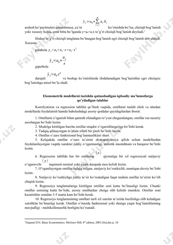 ifadagilar esa natijaviy belgilar deyiladi. masalan, paxta yoki bug’doyga suv, mineral o’g’itlar va ishlov berish natijasida ularning hosildorligi oshadi. bu bog’lanishda hosildorlik natijaviy belgi, unga ta’sir etuvchi kuchlar (suv, o’g’it, ishlov berish va h.k.) omil belgilardir. yoki, iste’molchining daromadi ortib borishi natijasida uning tovar va xizmatlarga bo’lgan talabi oshadi. bu bog’lanishda talabning ortishi natijaviy belgi, unga ta’sir etuvchi omil, ya’ni daromad esa omil belgidir. omillarning har bir qiymatiga turli sharoitlarida natijaviy belgining har xil qiymatlari mos keladigan bog’lanish korrelyatsion bog’lanish yoki munosabat deyiladi. korrelyatsion bog’lanishning xarakterli xususiyati shundan iboratki, bunda omillarning to’liq soni noma’lumdir. shuning uchun bunday bog’lanishlar to’liqsiz hisoblanadi va ularni formulalar orqali taqriban ifodalash mumkin, xolos. umumiy holda qaralsa, korrelyatsion munosabatda erkin o’zgaruvchi x belgining har bir qiymatiga () erksiz o’zgaruvchi u belgining () taqsimoti mos keladi. o’z-o’zidan ravshanki, bu holda ikkinchi u belgining har bir qiymati () ham birinchi x belgining () taqsimoti bilan xarakterlanadi. agar to’plam …