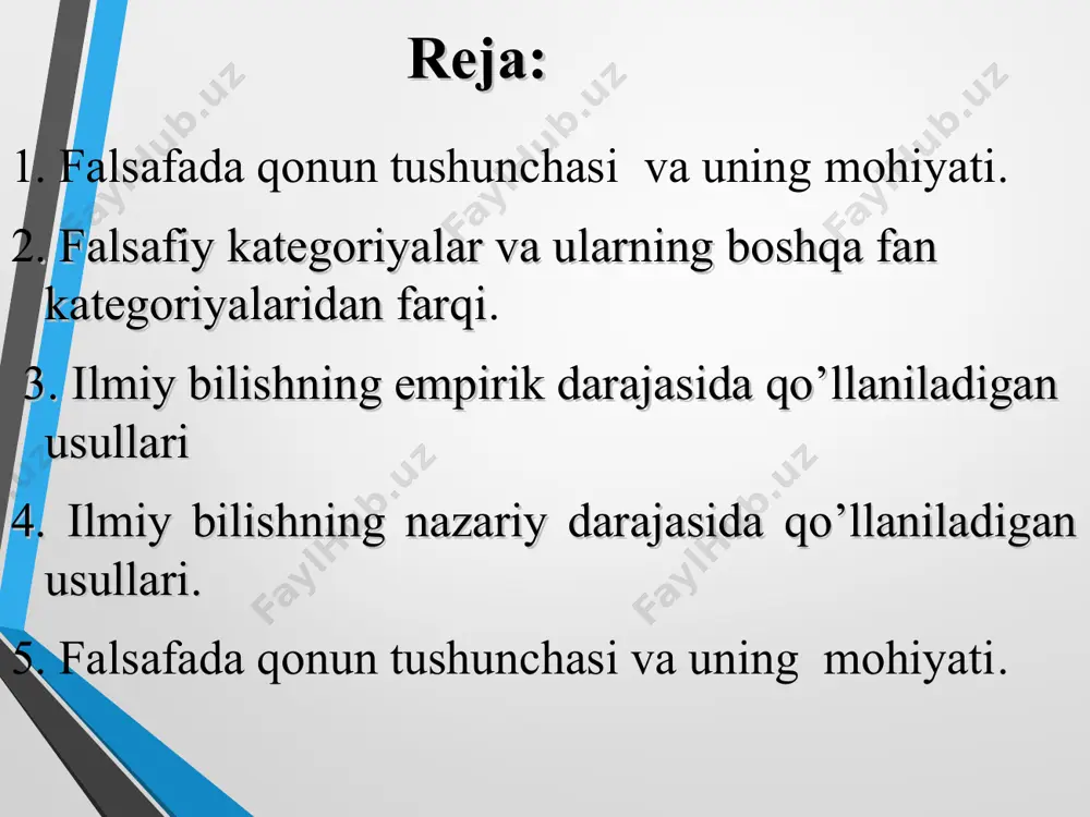 lsafa. ма’ruzalar matni. –т., моliya instituti 2000. 9. h.маmatov, о.jumayev fuqarolik jamiyatini qaror toptirishning muhim omili. тоshkent 2004 yil. 10. gunnar skirbekk, hils gilye. falsafa tarixi. т-; 2002 yil. 11. s.yoldoshev va boshq. yangi va eng yangi davr g’arbiy yevropa falsafasi. т-; 2002 yil. 12. s.shermuhammedov. falsafa va ijtimoiy taraqqiyot. –т.: fan; 2005 13. v.аlimasov. falsafa yohud fikrlash chanqog’i. т-2007 yil odamzod qonunlar orqali olamning sir-asrorlarini bilish imkoniyatiga ega bo’ladi. falsafiy qonunlar dunyodagi o’zgarishlar, paydo bo’lish va yo’qolishlar, rivojlanish va taraqqiyot mexanizmlarini anglab olish imkonini beradi. falsafada qonun tushunchasi va uning mohiyati. qonun va qonuniyat qonun мuayyan shart-sharoitda voqealar rivojining xususiyati va yo’nalishini belgilaydi. мa’lum bir qat’iy natijani taqoza etadigan ob’ektiv dunyodagi narsa va xodisalarning muxim zaruriy, umumiy nisbiy, barqaror munosabatlar ifodasidir. umumiy yo’nalish tendentsiyasini anglatib, turkum qonunlar majmuasi sifatida nomayon bo’ladi. moddiy voqeylikdagi qonunlar ko’p qirraligi bilan tavsiflanadi. qonuniyat eng umumiy umumiy hususiy qonunlar eng umumiy qonunga moddalarning saqlanishi …