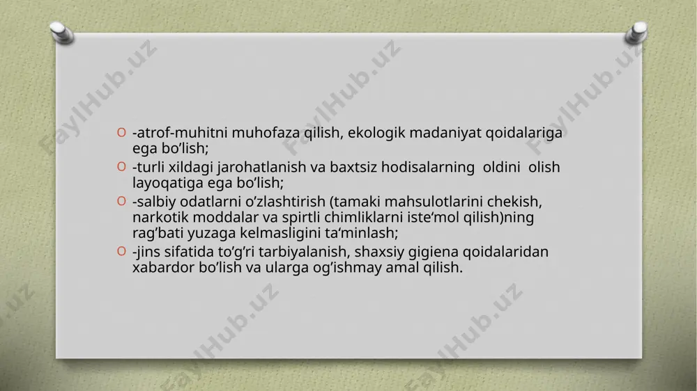 shda isbotlandi. to‘g‘ri ovkatlanish shunday tashkil etilishi kerakki, u uzining fizik –kiyoviy xamda biologik xususiyatlari bilan inson tanasiga ogirlik kilmasligi, aksincha tez va oson xazm bulib, organizmni kerakli ozik moddalari bilan taʼminlay olishi lozim.bu urinda biz kuyidagi talablarga rioya kilishimiz kerak: -ovkatlik maxsulotlari tarkibini kishi organizmining fiziologik talablariga mos bulishini taʼminlash; -isteʼmol kilinadigan ovkatning mikdorini kishi sarf kiladigan energiyaga mos bulishini taʼminlash; -ovkatlanish rejimini kishi badanidagi biologik konuniyatlarga mos bulishini taʼminlash; -xar galgi ovkatlanishda badan fiziologiyasi konuniyatlarini xisobga olish; -ovkatlarni tayyorlashda uning tarkibi va sifatini saklab kolish tatiblariga rioya kilish; -ovkatlik maxsulotlarni yetishtirish, tanlash va saklashga bo‘lgan talablarga rioya kilish; ikkinchi shart. harakatli turmush va jismoniy mashgulotlarning salomatlikdagi roli talaba qo‘yidagilarni bilishi kerak: xarakatlarning ruhiy va jismoniy rivojlanishga taʼsiri. kasalliklarni oldini olishda xarakatlarning ahamiyatni. jismoniy mashq turlari. jismoniy mashq qilishning asosiy negizlari. bemor organizmiga jismoniy mashqlarning taʼsiri. axolining turli guruxlarida (yoshiga, mexnat turiga, jinsiga karab) xarakat darajalarini aniqlashni. harakat turlari: …