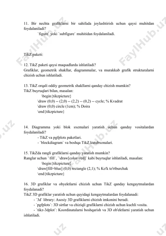 draw (0,0) circle (1cm); % doira \end{tikzpicture} 14. diagramma yoki blok sxemalari yaratish uchun qanday vositalardan foydalaniladi? - tikz va pgfplots paketlari. - `blockdiagram` va boshqa tikz kutubxonalari. 15. tikzda rangli grafiklarni qanday yaratish mumkin? ranglar uchun `\fill`, `\draw[color=red]` kabi buyruqlar ishlatiladi, masalan: \begin{tikzpicture} \draw[fill=blue] (0,0) rectangle (2,1); % ko'k to'rtburchak \end{tikzpicture} 16. 3d grafiklar va obyektlarni chizish uchun tikz qanday kengaytmalardan foydalanadi? tikz 3d grafiklar yaratish uchun quyidagi kengaytmalardan foydalanadi: - `3d` library: asosiy 3d grafiklarni chizish imkonini beradi. - `pgfplots`: 3d sirtlar va chiziqli grafiklarni chizish uchun kuchli vosita. - `tikz-3dplot`: koordinatalarni boshqarish va 3d ob'ektlarni yaratish uchun ishlatiladi. 17. latexda diagramma yoki grafik yaratish uchun qaysi paketlar mavjud? diagramma va grafik yaratish uchun mashhur paketlar: - tikz/pgf: diagramma, grafik va geometrik shakllar yaratish uchun asosiy vosita. - pgfplots: statistik va matematik grafiklar uchun ishlatiladi. - pstricks: grafik va diagrammalar yaratish uchun kuchli vosita (tikzdan biroz farqli). - …