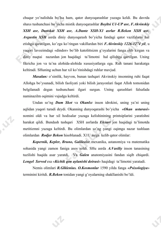 lengel served esa «kichik qon aylanishi doirasi» haqidagi ta’limotni yaratadi. nemis olimlari r.glklenius. o.kosmonlar 1590 yilda fanga «psixologiya» terminini kiritdi. r.bekon tonidan yangi g’oyalarning shakllanishi bo’ldi. adabiyotlar: 1. m.g.yaroshevskiy «istoriya psixologii» moskva. izd. «nauka» -1979 yil. 2. a.n.jdan. «psixologiya ot antichnosti do nashix dney» moskva, «nauka» -1989 y. 3. yu.b. gippenreyter «vvedenie v obshuyu psixologiyu» moskva, izd. mgu- 1098 g. 4. www.ziyonet.uz