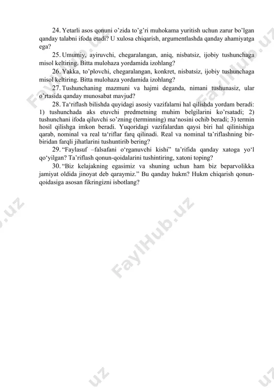 shga kirishamiz. bu tafakkurimizda uchinchisi istisno qonuni sifatida o’z ifodasini topadi. bu qonun quyidagicha ifodalanadi: ayni bir predmet haqida bildirilgan ikki zid fikr ayni bir muhokama doirasida, ayni bir vaqtda, ayni bir nisbatda birdaniga xato bo’lishi mumkin emas: ularning biri albatta chin, ikkinchisi, albatta, xato bo’ladi, uchinchi holning bo’lishi istisno. istisno qonuni “a yoki v yoki v emasdir” formulasi orqali ifodalanadi. ushbu qonunga misol keltiring va izohlab bering? 20. tabiatdagi barcha mavjud narsalar o’zining mavjudligi uchun yetarli asosiga ega. ma‘lumki, tabiat va jamiyatdagi predmet va hodisalar bir-biri bilan bog’liq holda mavjud va rivojlanadi. xususan, predmet va hodisalardan birining mavjudligi boshqasining mavjud bo’lishi uchun zarur bo’ladi. har bir predmet va hodisaning real asosi bo’lgani kabi, ularning in‘ikosi bo’lgan fikrimiz ham asoslangan bo’lishi kerak. inson fikri muayyan darajada boshqa fikrlar, bilimlar bilan taqozo qilinishi va demak, iloji boricha, yetarlicha asoslanishi lozim. bunday bog’liqlik inson tafakkurida yetarli asos qonuni shaklida namoyon bo’ladi va …