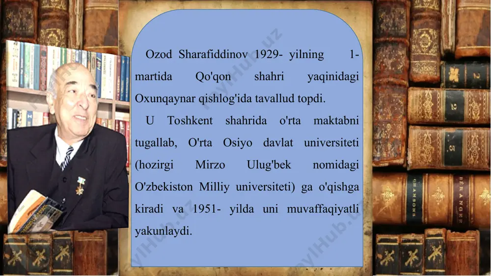 zod sharafiddinovning hayot va tiriklikning mazmun-mohiyati, inson umrini qanday o'tkazishi lozimligi to'g'ri-sidagi chuqur mushohadalarga boy falsafiy maqolalari, hozirgi globallashayotgan dunyoning og'riqli muammolari borasidagi teran mulohazalari ham o'rin olgan. ozod sharafiddinov dunyo adabiyotining o'nlab durdona asarlarini, yuzlab donishmandlarning ilmiy-falsafiy maqolalarini ona tilimizga mohirona tarjima qildi. ellik yil sho'ro hukumatiga, uning aldamchi partiyasiga sidqi-dildan xizmat qilib, evaziga ozgina insoniy mehr va e'tibor ko'rmay, «alam va iztiroblar ichida hayotdan ko'z yumgan» mushtipar onasidan farqli o'laroq, ozod sharafid­dinov o'z xalqining e'tibori va e'zozini qozondi. unga «mehnat shuhrati» (1997), «buyuk xizmatlari uchun» (1999) ordenlari va «0'zbekiston qanramoni» (2002) de-gan eng oliy unvon berildi. afsuski, shafqatsiz o'lim ozod sharafiddinovni 2005- yil 4- oktabr kuni hayotdan olib ketdi. chin ma'nodagi ziyoli, milliy ma'naviyatimizning yirik darg'alaridan bo'lgan ozod domlaning farzandlariga aytgan so'nggi so'zlari ham avlodlarga bir vasiyatdek yangrab qoldi: «kitoblarimni asranglar, mening eng katta boyligim mana shu kitoblar edi...» savol va topshiriqlar o. sharafiddinovning ulkan merosidan nega, aynan …