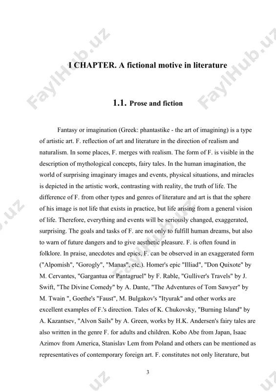orary foreign art. f. constitutes not only literature, but also the great work of philosophers. in f., the images in most cases have a holistic meaning, but in some places they acquire a symbolic meaning. in the modern uzbek literature, the works of t. malik's "the death of hikmat efendi", t. hobilov's "journey to the moon", h. tokhtabayev's "riding the yellow giant", "death of the yellow giant", hojiakbar shaykhov's "rene's enigma" are written in the genre of f. in addition to fiction, f. is represented with exaggerated exaggeration in folklore, philosophical utopia, cinema and theater, visual arts. f. expressed in plot devices and symbolic meanings, the author's or an era's worldview, lifestyle and problems in it are depicted in a miraculous, supernatural way. in the 19th and 20th centuries, scientific science developed. the main task of scientific f. is to predict the future and express it artistically. the main image …