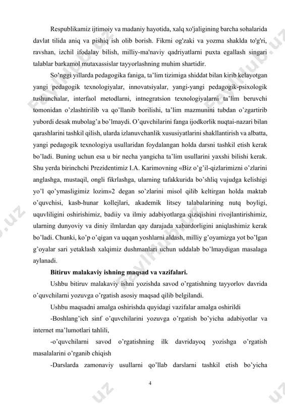 di. bitiruv malakaviy ishning obyekti. quyidagicha usullardan foydalanildi: mavzuga oid darslarni kuzatish; o’qituvchilar orasida anketa so’rov ishlari; tajriba-sinov o’tkazish va ularni tahlil qilish; bitiruv malakaviy ishning nazariy va amaliy ahamiyati. boshlang’ich sinf savod o’rgatishning tayyorlov davrida yozuv darslarini tashkil etishda ilg’or texnologiyalardan foydalanish usullari nazariy jihatdan asoslangan. ushbu bitiruv malakaviy ishda yoritilgan nazariy va amaliy fikrlardan o’rta maktab boshlang’ich sinf o’qituvchilari, oliy o’quv yurtlari pedagogika fakulteti talabalari o’quv jarayonini tashkil etishda foydalanishlari mumkin. kurs ishiningning tuzulishi: kirish, 2 bob, 4 ta paragrif, xulosa va foydalanilgan adabiyotlar roʻyxatidan iborat. i bob. savod o’rgatish tayyorlov davri yozuv darslarida o'quvchilarni yozuvga o'rgatish masalalari 1.1. savod o’rgatish davrining o’ziga xos xususiyatlari, maqsad va vazifalari ma’lumki, savod o’rgatish, o’qish darslarining asosiy vazifasi o’quvchilarga tovush va harfni tanishtirish, ularning to’g’ri talaffuzini o’rgatish orqali bolalarda to’g’ri, ongli, ifodali o’qish ko’nikmalarini shakllantirishdan iborat. shuningdek, o’quvchilar lug’atini boyitish, bog’lanishli nutqini o’stirish, bilimini boyitish, mavxum tafakkurini shakllantirish, eshitish, qabul qilish …