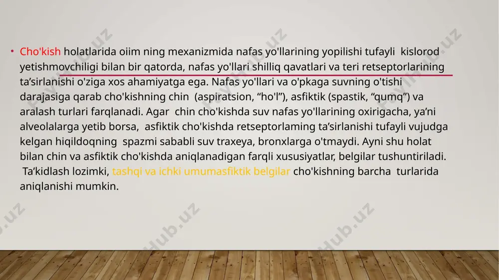 an mexanik jarohatlarda bo'lgani kabi o'ng qorincha emas, balki chap qorincha teshiladi. suvdagi o‘lim. ba’zi holatlarda tana suvga tushgan zahotiyoq bir paytning o'zida yurak urishi va nafas olish reflektor ravishda to'xtashi mumkin. bu holatlarda asfiksiyaning umumiy belgilari rivojlanib ulgurmaydi va murda tekshimvida faqat tez o'limga xos ayrim belgilar aniqlanishi mumkin. ba’zi tadqiqotchilar ushbu holatlami cho'kishning reflektor (sinkopal) turi deb hisoblasa-da, mazkur hodisalami suvdagi to'satdan o'lim tarzida baholash to'g'riroq bo'ladi. cho‘kishning hayotiyligini aniqlashdagi laboratoriya tekshiruvlari. suv havzasidan chiqarib olingan murdalarning sud-tibbiy ekspertizasida hal etiladigan asosiy masalalardan biri suvga tushishning hayotiyligini aniqlashdir. ushbu savolning yechimida makrokskopik tekshiruv maiumotlaridan tashqari laboratoriya tekshiruvlari usullaridan foydalaniladi. murda ichki a’zolari bo'lakchalarining mikroskopik tekshimvida obturatsion asfiksiyaga xos belgilar, xususan chin cho'kish holatlarida nafas yo'llari, alveolalarda suv bilan kirgan yot moddalar aniqlanadi. suvga tushishning hayotiyligini aniqlashda maxsus laboratoriya tekshiruvlari ham o'tkaziladi. ular qatoriga diatom planktoniga tekshimv, psevdoplankton, bakteriologik, krioskopik va boshqa turdagi tekshiruvlar kiradi. asfiktik cho'kish holatlarida mexanizm …