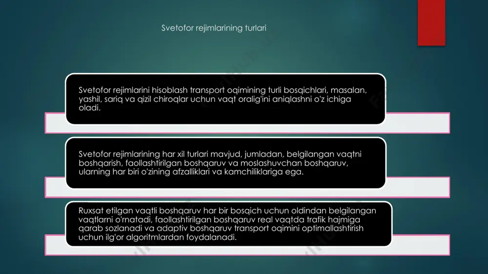 siz hodisalarni kamaytirish orqali xavfsizlikni yaxshilash va infratuzilmadan samarali foydalanishni rag'batlantirishni o'z ichiga oladi. ushbu hisob-kitoblar shaharsozlik va transportni boshqarish uchun zarurdir. yo'l harakati hajmi, transport vositalari tezligi va piyodalar harakati kabi ma'lumotlarni tahlil qilish orqali svetofor rejimlarini hisoblash turli xil transport sharoitlariga moslashish va transport vositalari oqimini optimallashtirish uchun signal vaqtlarini oqilona sozlashi mumkin. 1 2 3 svetoforning rejimlarini hisoblash transport oqimini boshqarishda hal qiluvchi jihatdir. bu silliq harakatni ta'minlash uchun turli rejimlar uchun optimal vaqtni aniqlashga yordam beradi. svetofor rejimlarini hisoblashdan foydalanish tirbandlikni kamaytirish, baxtsiz hodisalarni kamaytirish orqali xavfsizlikni yaxshilash va infratuzilmadan samarali foydalanishni rag'batlantirishni o'z ichiga oladi. ushbu hisob-kitoblar shaharsozlik va transportni boshqarish uchun zarurdir. yo'l harakati hajmi, transport vositalari tezligi va piyodalar harakati kabi ma'lumotlarni tahlil qilish orqali svetofor rejimlarini hisoblash turli xil transport sharoitlariga moslashish va transport vositalari oqimini optimallashtirish uchun signal vaqtlarini oqilona sozlashi mumkin. svetofor rejimlarini hisoblashning kelajakdagi tendentsiyalari tez rivojlanayotgan svetofor rejimlarini …