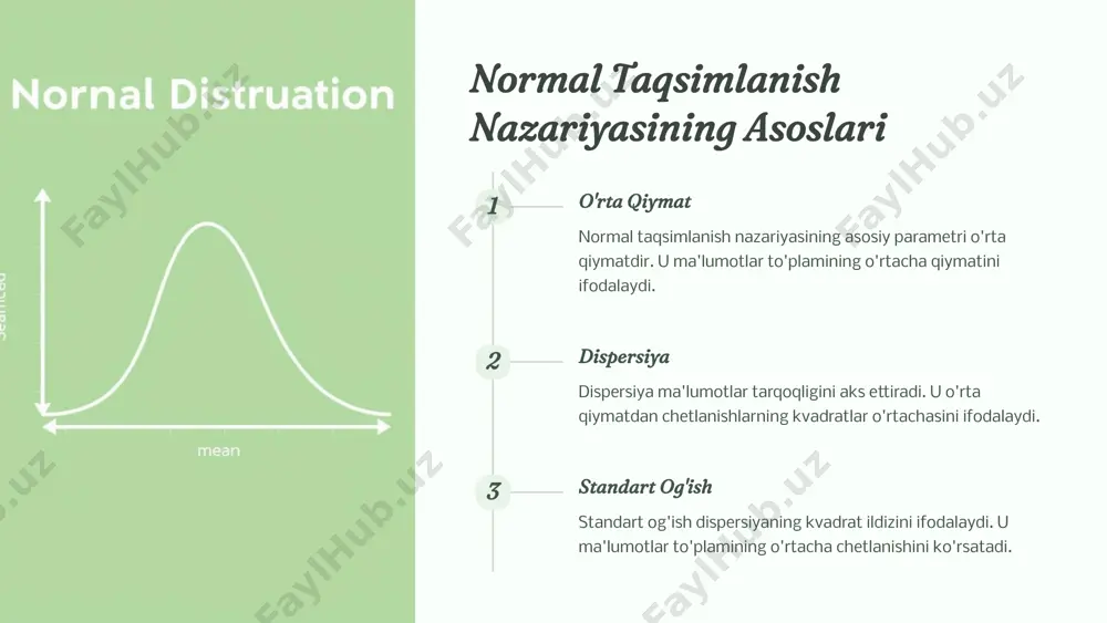 losa normal taqsimlanish nazariyasi statistikaning eng muhim asoslaridan biri bo'lib, u bir qator amaliy masalalarni yechishda katta ahamiyatga ega. u har xil sohalar uchun juda muhimdir va o'quv jarayonida ham keng qo'llaniladi. tavsiyalar real hayotdagi ma'lumotlarni tahlil qilishda normal taqsimlanish farazidan ehtiyotkorlik bilan foydalanish zarur. shu bilan birga, bu nazariyaning kuchli va zaif tomonlarini hisobga olish, shuningdek, boshqa statistik yondashuvlardan ham foydalanish tavsiya etiladi. 9 qo'shimcha manbalarga murojaat 1 statistika darsliklariga murojaat normal taqsimlanish nazariyasi haqida batafsil ma'lumot olish uchun statistika darsliklariga murojaat qiling. bu sizga nazariyaning asoslarini, xususiyatlarini va qo'llanilishini chuqurroq o'rganishga imkon beradi. 2 matematik modellar ustida ishlash normal taqsimlanish nazariyasi asosida turli matematik modellarni tuzish va tahlil qilish ko'nikmalarini rivojlantiring. bu sizning ma'lumotlarni tahlil qilish qobiliyatingizni oshiradi. 3 amaliy masalalar ustida ishlash real hayotdagi amaliy masalalarni normal taqsimlanish nazariyasini qo'llab-quvvatlangan holda yechishga harakat qiling. bu nazariyani chuqurroq tushunishingizga va undan samarali foydalanishingizga yordam beradi. 10 image1.png image2.png …