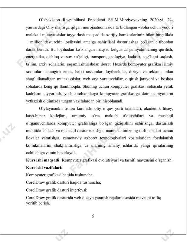 etadi. oxirgi yillarda bu sohada juda katta o`zgarishlar (siljishlar) yuz berdi, ya`ni 16 mln.dan ortiq rang va rang turlarini o`zida aks ettira oladigan displeylar, grafik axborotlarni (paper part) kirituvchi moslama - skanerlar, grafik ish majmualari; dasturiy vositalar sohasida esa haqiqiy kompyuter dunyosini kashf qila oladigan amaliy dasturlar vujudga keldi. kompyuter grafikasi – kompyuter boshqaruvida grafik obyektlarni kiritish, chiqarish, tasvirlash, o`zgartirish va tahrirlashdir. kompyuter grafikasi – kompyuter yordamida yaratilgan, asosan, maxsus grafik apparat va dasturiy taminotlar vositasida yaratilgan tasviriy ifoda, ya’ni suratlar va filmlardir. bu kompyuter ilmiy olamidagi ulkan va eng so’nggi sohalardan biridir. zamonaviy kompyuter grafikasi rivojining ilmiy bashoratchilari xx asr o’rtalarida yaratilgan elektronik enjenerlashtirish, elektronikalar, tetevideniye asosidir. aka-uka lumierelar 1895-yildan boshlab sahnalarda namoyish etilgan filmlarda ishlanadigan maxsus effektlar yaratish maqsadida birinchi bo’lib xiralikdan (mattes) foydalanganlaridan keyin ekranlar haqiqiy san’atni namoyish eta boshladi, biroq bu davrda jarayon namoyishi imkoniyatlari chegaralangan va tezkorligi sust edi. birinchi katod nur quvuri braun tube …