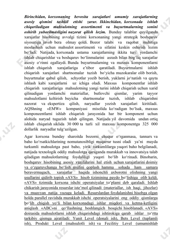 iralari uchun omborxonalar saqlashga sarflanadigan ma’muriy xarajatlar qisqaradi; — mahsulot sifatini oshirish hisobiga asosiy material xarajatlari qisqaradi; — yaroqsiz mahsulot ishlab chiqarish tufayli zarar ko‘rish ehtimoli va qayta ishlash xarajatlari kamayadi. shu bilan birga, «lt» hisob tizimi ishlab chiqarish hisobi xususiyatlariga ham ta’sir ko‘rsatadi. uni qo‘llash orqali bilvosita xarajatlarni kamaytirishga e’tibor kuchayadi. bunday hol xarajat turlari o‘rtasida turli taqsimot bazalaridan foydalanish zaruratini kamaytiradi, shu bilan birga xarajatlar kalkulatsiyasining aniqligi ortadi. 2 «avs»(eybisi) tizimi bo‘yicha boshqaruv hisobini tashkil qilish «avs» hisob tizimi(«ektivitiy-besed kosting») javobgarlik markazlari bo‘yicha tannarx hisob-kitobini «direkt-kosting» usulidagi kabi doimiy (feksed kosting) va o‘zgaruvchan (veraybl kosting) xarajatlarga bo‘lib hisobga olishni, ammo asosiy e’tiborni faoliyat turlari va funksional xizmatlarga qaratishni o‘z oldiga maqsad qilib qo‘yadi. umuman, «avs» tizimi faoliyat turlari bo‘yicha xarajatlar hiso-bini (xarajatlarning funksional hisobi) anglatadi «avs» tizimi bo‘yicha xarajatlar hisobi mazkur tizim bozor iqtisodiyoti rivojlangan mamlakatlar, jumladan yevropa va amerika korxonalari amaliyotida keng qo‘llaniladi. «avs» tizimi ustama xarajatlar …