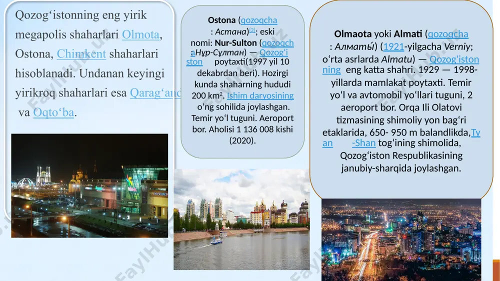 stansiyasi — norak gesning qurila boshlashi munosabati bilan 3 ta kichik qishloq (disabur, tutqovul va langar) oʻrnida vujudga kelgan. norak dushanbedan 68 km janubi-sharqda, vaxsh daryosining oʻng soxilida, dushanbe — koʻlob avtomobil yoʻlining chap tomonida joylashgan. aholisi 27 ming kishiga yaqin (2013). ashxobod (turkmancha: aşgabat; arab.- oshiq va fors - obod; 1919-yilgacha asxobod, 1927-yilgacha poltorask) — shahar, turkmaniston poytaxti (1924-yil oktabrdan). kopetdogʻ tizmasining shimoliy etaklarida, axal vohasida. xalqaro temir yoʻl oʻtgan. havo yoʻllari xalqaro ahamiyatga ega. ashxobod yaqinidan qoraqum kanali oʻtadi. aholisi 712 000 kishi (2001). turkmaniston aholisining 12,7 % shu shaharda istiqomat qilishadi[3]. turkmanboshi (turkmancha: türkmenbaşy) (1993-yilgacha krasnovodsk) — turkmanistondagi shahar (1896-yildan). kaspiy dengizining sharkiy sohilidagi yirik port. kubadogʻ tizmasi etaklarida, 1962-yildan dengiz temir yoʻl paromi orkali boku bilan bogʻlangan. aholisi 58,9 ming kishi (1990-yillar oʻrtalari). turkmanboshi rus armiyasi harbiy istexkomi sifatida kizilsuv (turkmancha: goʻzoʻlsu) qishlogʻi yonida vujudga kelgan va ruscha krasnovodsk deb atalgan. neftni qayta ishlash, kema taʼmirlash …