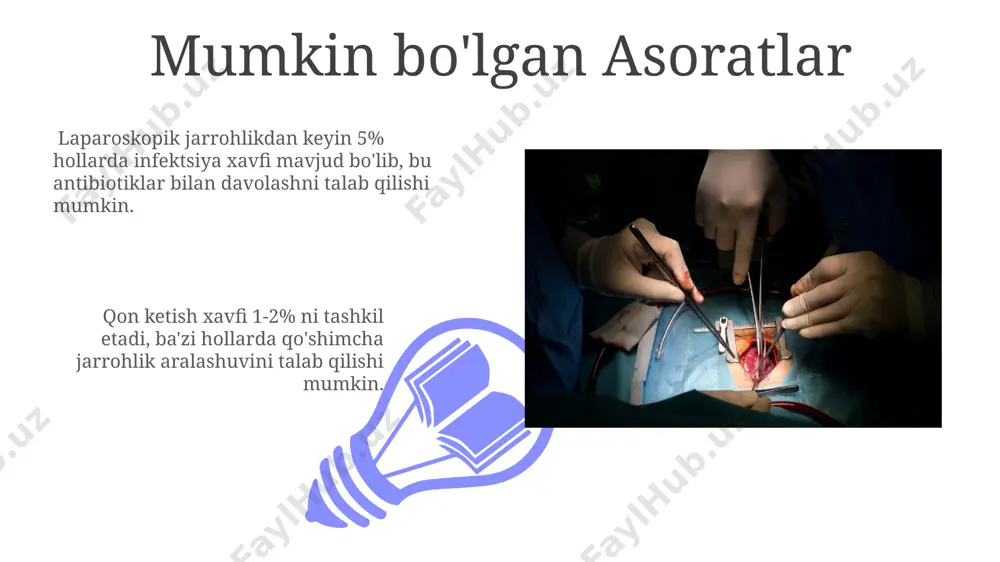 hatlarini batafsil yoritib beradi. laparoskopik jarrohlik bo'yicha 200 dan ortiq ilmiy maqolalar pubmed ma'lumotlar bazasida mavjud bo'lib, ularda ushbu texnikaning samaradorligi va xavfsizligi haqida batafsil ma'lumotlar keltirilgan. jarrohlik asboblari va texnologiyalari robotizatsiyalashgan laparoskopik jarrohlikda daqiqaga 500 tadan ortiq harakatlarni bajarish imkonini beruvchi yuqori darajadagi robot-manipulyatorlardan foydalaniladi. laparoskopik jarrohlikda 5-15 mm diametrli turli xildagi trokarlardan, yuqori aniqlikdagi 3d videokameralar va 200-300 lyumenli jarohat yoritish tizimlaridan foydalaniladi. tibbiy texnologiyaning rivojlanishi 01 02 yuqori aniqlikdagi 3d vizualizatsiya tizimlari laparoskopik jarrohlikning murakkabligi darajasini pasaytirdi va jarrohning aniqligi va samaradorligini 25% ga oshirdi. sales 1st qtr 2nd qtr 100 0 sales 1st qtr 2nd qtr 100 0 bemor tayyorlash jarayoni bemorga operatsiyadan oldin venoz kateter o'rnatilishi mumkin, bu jarayon davomida suyuqlik va dorilarni yuborish imkonini beradi, shuningdek, qon bosimini monitoring qilish uchun qo'llaniladi. jarrohlikdan oldin bemorga antibakterial preparatlar buyurilishi mumkin, bu infektsiyalar xavfini kamaytirishga yordam beradi, odatda 1-2 dozada buyuriladi. laparoskopik jarrohlikning kamchiliklari laparoskopik jarrohlikning …