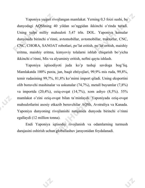 alarni yaratish orqali taqiqlangan ahvoli taqiqlangan. savdo bitimlari erkinligi va kredit manbalariga kirish huquqiy himoyaga ega bo’ldi. bularning barchasi sog’lom bozor, raqobatbardosh iqtisodiyotni yaratish uchun poydevor qo’ydi. natijada, 1955 yildan 1970 yilgacha mamlakatning iqtisodiy o’sishining o’rtacha yillik sur’atlari taxminan 11 foizni tashkil etdi. odatda, yaponiya o’zining muvaffaqiyatlari yuqori darajada investitsiya, past ish haqi, o’z mahsulotlarini majburiy eksport qilish va yirik harbiy xarajatlarning etishmasligiga majburdir deb taxmin qilinadi. bu, shubhasiz, shunday. yaponiyada yaponiyada boshlagan 70-yillarning boshlarida qadamlar g’arbiy mamlakatlar uchun misli ko’rilmagan darajada: 38-39%. shu bilan birga, yaponiyaning iqtisodiy rivojlanishining muvaffaqiyati boshqa bir qator sabablarga ko’ra bog’liq edi. yaponiyani keyingi davrda yaponiyaning iqtisodiy va ilmiy-texnik rivojlanishiga tayanib, mamlakatda ham, chet elda ham, tabiatda birinchi iste’molchiga ega bo’lgan ommaviy talabga ega. ishlab chiqarish va uning samaradorligi uchun shaxsiy iste’molning teskari ta’sirini doimiy ravishda oshiradi. natijada, yaponiyalik biznes o’z xarajatlarini tezda quyib, yuqori darajadagi foyda keltirdi va zudlik bilan ishlab chiqarish investitsiyalariga jo’natildi. …