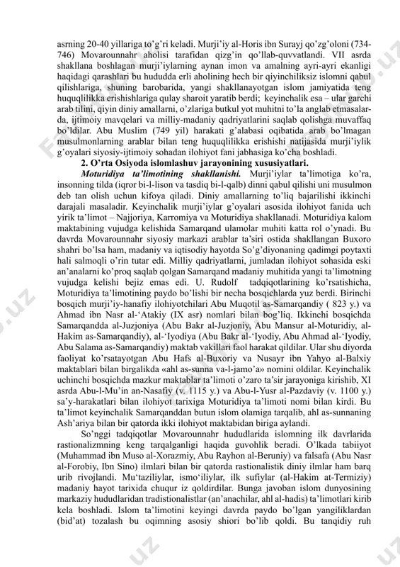 yig’ish masalasida chigallikning kelib chiqishiga sabab bo’ldi. ikkinchi omil umaviylar davrida (661-750) arablarning mahalliy aholi tarafidan islom dinining qabul qilinishiga monelik qilishlari bilan bog’liqdir. chunki arablar ilk davrda talay imtiyozlarga ega edilar. bu davr qoidalariga ko’ra, islom dinini qabul qilgan kishi «arab»ga aylanar, ya’ni jamiyatda arablar kabi imtiyozlarga ega bo’lardilar. bu holda mahalliy musulmonlardan jiz’ya olmaslik, arab va arab bo’lmagan musulmonlarning teng huquqliligi uchun kurash olib borgan islom dini ichidagi murji’iylar diniy-siyosiy harakati g’oyalari movarounnahrda keng tarqalish imkoniga ega bo’ldi. chunki o’lkada arab bo’lmagan musulmonlarning haq-huquqlari arablar tomonidan poymol etilardi. murji’iylarning faol harakatlari viii asrning 20-40 yillariga to’g’ri keladi. murji’iy al-horis ibn surayj qo’zg’oloni (734-746) movarounnahr aholisi tarafidan qizg’in qo’llab-quvvatlandi. vii asrda shakllana boshlagan murji’iylarning aynan imon va amalning ayri-ayri ekanligi haqidagi qarashlari bu hududda erli aholining hech bir qiyinchiliksiz islomni qabul qilishlariga, shuning barobarida, yangi shakllanayotgan islom jamiyatida teng huquqlilikka erishishlariga qulay sharoit yaratib berdi; keyinchalik esa – ular …