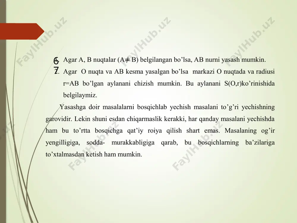 aridan birini c deb belgilaymiz. 3-qadam. c va o nuqtalardan o’tuvchi oc to’g’ri chiziqni yasaymiz (3-rasm). oc to’g’ri chiziq berilgan a to’g’ri chiziqqa uning o nuqtasidan o’tuvchi perpendikulyar bo’ladi. masala. berilgan a to’g’ri chiziqqa unda yotmaydigan o nuqtadan o’tuvchi perpendikulyar to’g’ri chiziqni yasang. yasash: 1-qadam. markazi o nuqtada bo’lgan, a to’g’ri chiziqni kesib o’tuvchi ixtiyoriy aylana chizamiz. u berilgan to’g’ri chiziqni a va b nuqtalarda kesib o’tsin ( 4-rasm). 2-qadam. markazlari a va b nuqtada bo’lgan, radiusi birinchi chizilgan aylana radiusiga teng aylanalar chizamiz. bu aylanalarning kesishish nuqtalaridan biri o nuqta bo’ladi. ikkinchisini o 1 bilan belgilaymiz (4-rasm). 3-qadam. o va o 1 nuqtalardan o’tuvchi to’g’ri chiziq chizamiz. oo 1 toʻgʻri chiziq berilgan o nuqtadan o’tuvchi a to’g’ri chiziqqa perpendikulyar va unda yotmagan o nuqtadan o’tuvchi to’g’ri chiziq bo’ladi. masala. berilgan kesmani teng ikkiga bo’ling. yasash: ab kesma berilgan bo’lsin. 1-qadam. radiusi berilgan ab kesmaga teng bo’lgan, markazlari esa a …