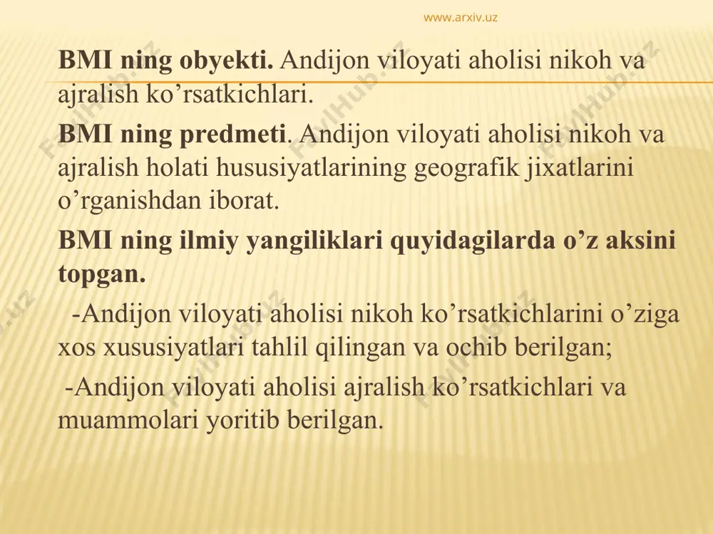 -bobolarimiz amal qilib kelgan qadriyatlar uyg`unlashib, mamlakatda mustahkam oilalar barpo bo’lmoqda. oila mustahkamligi avvalo er-xotin uchun zarur bo’lsa, shunday oilada kamol topgan avlodlar jamiyat uchun muhimdir. mustahkam oila jamiyat barqarorligi, uning buzilmas va yengilmasligining asosiy bo’g`indir. zero ahil-totuv, ma’naviyati etuk oilalarda kamol topgan jasur, mard, ilmu zakovati yuksak insonlar o’z vatani, qolaversa butun jamiyat taraqqiyotida etakchi o’rinlarni egallaydi. www.arxiv.uz www.arxiv.uz bugungi kunda nikohga kirayotgan yoshlarni nikohga kirish yoshini uzaytirish maqsadga muvofiqdir. inson yoshi ulg’aygan sari uning dunyoqarashi, tafakkuri kengayib, fikri teranlashib, mustaqil fikrga ega bo’ladi. shu jihatdan kechroq oila qurish oila mustahkamligiga sabab bo’luvchi omillardan hisoblash mumkin. bundan tashqari oila a’zolari o’zlarini kasb-koriga, ish faoliyatiga ega bo’ladi va bu holar oilani iqtisodiy jihatdan ota-onasiga tayanmasdan mustaqil xo’jalik yuritishiga imkon yaratadi. nikohga kiruvchi yoshlarni “oila” to’g’risidagi savodhonligini yanada oshirib borish maqsadga muvifiq. buning uchun akademik litsey va kasb-hunar kollejlarini bitiruvchi kurslarida va oily o’quv yurtlarini birinchi kursida “oila maktabi” o’quv fani …
