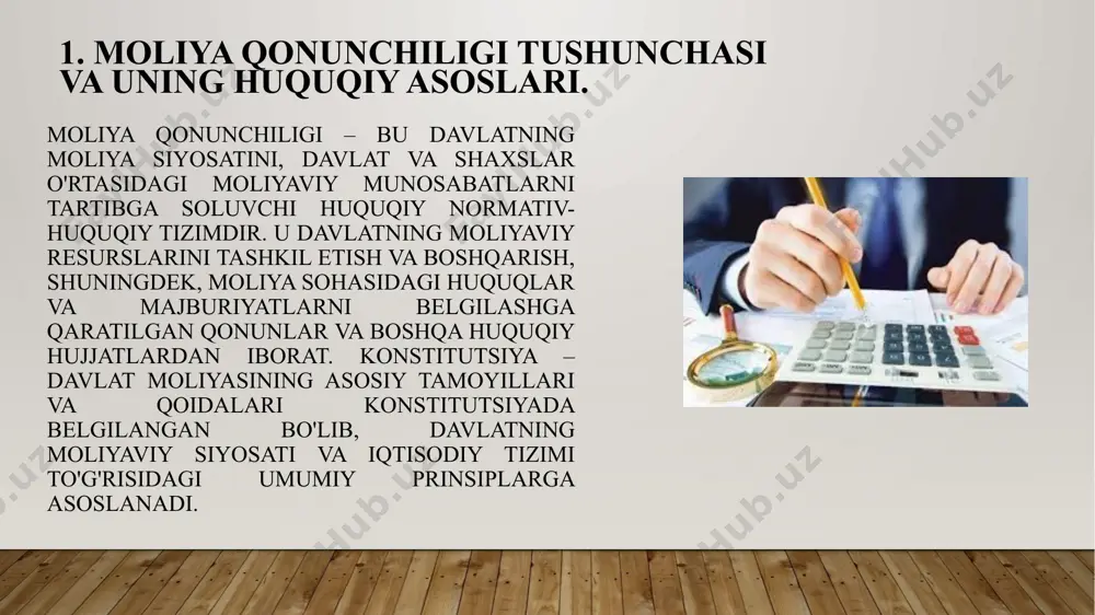ilotlar o'rtasidagi moliyaviy huquqiy munosabatlarni belgilovchi normativ-huquqiy hujjatlar va aktlardir. moliya huquqining manbalari davlatning moliyaviy siyosatini, soliqlar, byudjet, davlat qarzi va boshqa moliyaviy masalalarni tartibga solish uchun muhim ahamiyatga ega. ular huquqiy tizimda belgilangan qoidalar, normativlar va tartib-qoidalarga asoslanadi. konstitutsiya – davlatning asosiy hujjati bo‘lib, moliya huquqining eng muhim manbalaridan biridir. qonunlar – moliya huquqining asosiy manbalari bo‘lib, davlat tomonidan belgilangan moliyaviy siyosatni amalga oshirishga asos bo‘ladi. bu qonunlar davlatning soliq tizimini, byudjetni, davlat qarzini boshqarishni va boshqa moliyaviy jarayonlarni tartibga soladi. o‘zbekiston respublikasi soliq kodeksi, byudjet kodeksi, moliya kodeksi va boshqa moliya qonunlari shu turga kiradi. prezident farmonlari va qarorlari davlat moliyasini boshqarish va tartibga solish masalalarida kuchli huquqiy ta'sir ko‘rsatadi. ular davlat moliyaviy siyosatiga doir aniq chora-tadbirlarni belgilaydi va amalga oshirilishini ta'minlaydi. farmonlar va qarorlar moliya huquqi tizimida muhim o‘rin tutadi va qonunlarning bajarilishi uchun zaruriy asosni ta'minlaydi. hukumat qarorlari va farmoyishlari davlatning moliyaviy siyosatini amalga oshirishda asosiy …