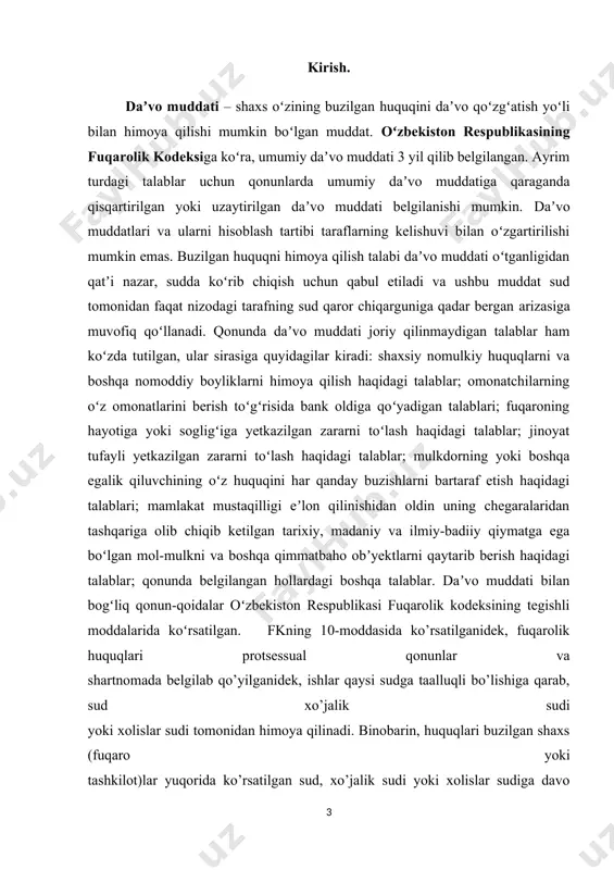 normal ishlashida, topshiriqlami o‘z vaqtida bajarishda, muhimi, shartnoma intizomiga amal qilishda katta rol o‘ynaydi. huquqni himoya qilish va uni amalga oshirishda vaqtning ahamiyati shundan iboratki, u faktik holatlarni keltirib chiqaradi, faktlarni huquqga (talab qilish huquqiga) aylantiradi, huquqni vujudga keltiradi, o‘zgartiradi hamda bekor qiladi. vaqt shaxslarga huquq beradi, ba’zilaridan esa huquqni olib qo‘yadi yoki huquqning harakatini to‘xtatadi. da’vo muddati deb shaxs o‘zining buzilgan huquqini da’vo qo‘zg‘atish yo‘li bilan himoya qilishi mumkin bo’lmaydigan muddatga aytiladi. har qanday fuqarolik da’vosining ikki tomoni bor: birinchidan, moddiy-huquqiy tomoni bunda, avvalo, da’vogarning javobgarga nisbatan muayyan nizoli moddiy-huquqiy talabi bo‘lishi, masalan, biron-bir ashyoning topshirilishi, pul to‘lanishi, xizmat ko‘rsatilishi, zararning qoplanishi xususida talab qilinadi; ikkinchidan, protsessual huquqiy tomoni — bunda taraflar o‘rtasida kelib chiqqan nizoning mazmunan hal qilinishi va buzilgan yoki nizoli huquqning qo‘riqlanishi to‘g‘risida sudga iltimos bilan murojaat qilinadi. fkning 10-moddasida ko‘rsatilganidek, fuqarolik huquqlari protsessual qonunlar va shartnomada belgilab qo‘yilganidek, ishlar qaysi sudga taalluqli bo’lishiga qarab, sud, …