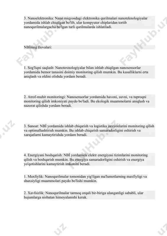 mida bemor tanasini doimiy monitoring qilish mumkin. bu kasalliklarni erta aniqlash va oldini olishda yordam beradi. 2. atrof-muhit monitoringi: nanosensorlar yordamida havoni, suvni, va tuproqni monitoring qilish imkoniyati paydo bo'ladi. bu ekologik muammolarni aniqlash va nazorat qilishda yordam beradi. 3. sanoat: nbi̇ yordamida ishlab chiqarish va logistika jarayonlarini monitoring qilish va optimallashtirish mumkin. bu ishlab chiqarish samaradorligini oshirish va xarajatlarni kamaytirishda yordam beradi. 4. energiyani boshqarish: nbi̇ yordamida elektr energiyasi tizimlarini monitoring qilish va boshqarish mumkin. bu energiya samaradorligini oshirish va energiya yo'qotishlarini kamaytirish imkonini beradi. 1. maxfiylik: nanoqurilmalar tomonidan yig'ilgan ma'lumotlarning maxfiyligi va shaxsiyligi muammolari paydo bo'lishi mumkin. 2. xavfsizlik: nanoqurilmalar tarmoq orqali bir-biriga ulanganligi sababli, ular hujumlarga nisbatan himoyalanishi kerak. 3. texnik cheklovlar: nanoqurilmalar ishlab chiqarish va ulardan foydalanish texnik jihatdan qiyinchilik tug'dirishi mumkin. bu soha hozirgi kunda tez rivojlanmoqda va uning salohiyati kelajakda ko'plab sohalarda katta o'zgarishlarni olib kelishi mumkin. nano buyumlar interneti: texnologiya va uning ilovalari …