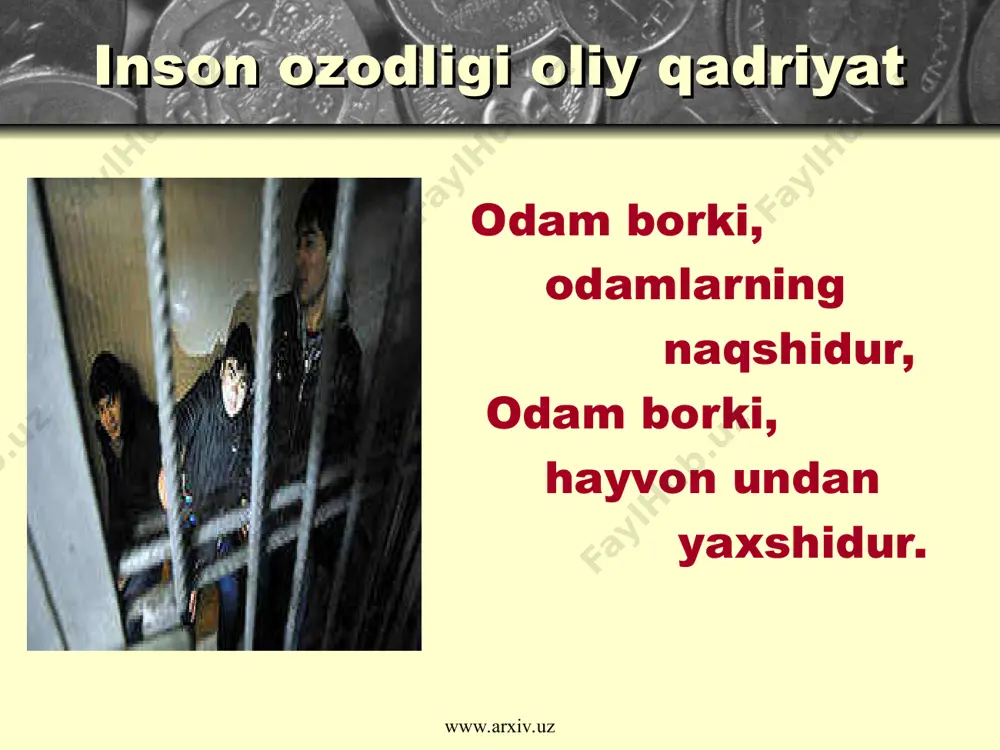 un botkungacha og’ir mehnat bilan shug’ullandim. menga oylik maoshni to’lamay juda kam miqdorda ovqatlantirdilar. maoshimni talab qilganimda esa, yashash va turar joy uchun sarflangan qarzni to’lashim lozimligini aytdilar. 4 oydan so’ng boshqa ishlamasligimni aytib maoshimni talab qilganimda shavqatsizlarcha kaltaklab, ko’chaga haydaldim, fuqaolik pasportimni esa qaytarib bermadilar. www.arxiv.uz www.arxiv.uz - “yosn ofisiantka ishga qabul qilinadi” mazmunidagi e’lonni o’qigach, e’lon bo’yicha qong’iroq qildim va aytilgan manzilga ish beruvchi bilan uchrashishga bordim. ish beruvchidan olgan manzilga borganimda meni xonaga qamab qo’yishdi va majburlab ushlab turishdi. men va yana to’rt nafar qizni foxishalik bilan shug’ullanishga majbur qildilar. agar ishlashdan bosh tortsak kuch ishlatib kaltaklashardi. odam savdosi bilan shug’ullanuvchi shaxslar bizlarni ekspluatatsiya qilish orqali oyiga o’rtacha 20 000 aqsh dollaridan foyda ko’rardilar. www.arxiv.uz www.arxiv.uz baxtning ildizi sabr degani ey do’st besabrlik jabr degani, o’zga yurt vatandan bo’lolmas avzal, eng avval dilxonang bezagil go’zal, atrofga boq, sendan pastroqlaram ko’p, gulzorlar ichinda tuzoqlaram ko’p, tanigin olamlar podshosin …