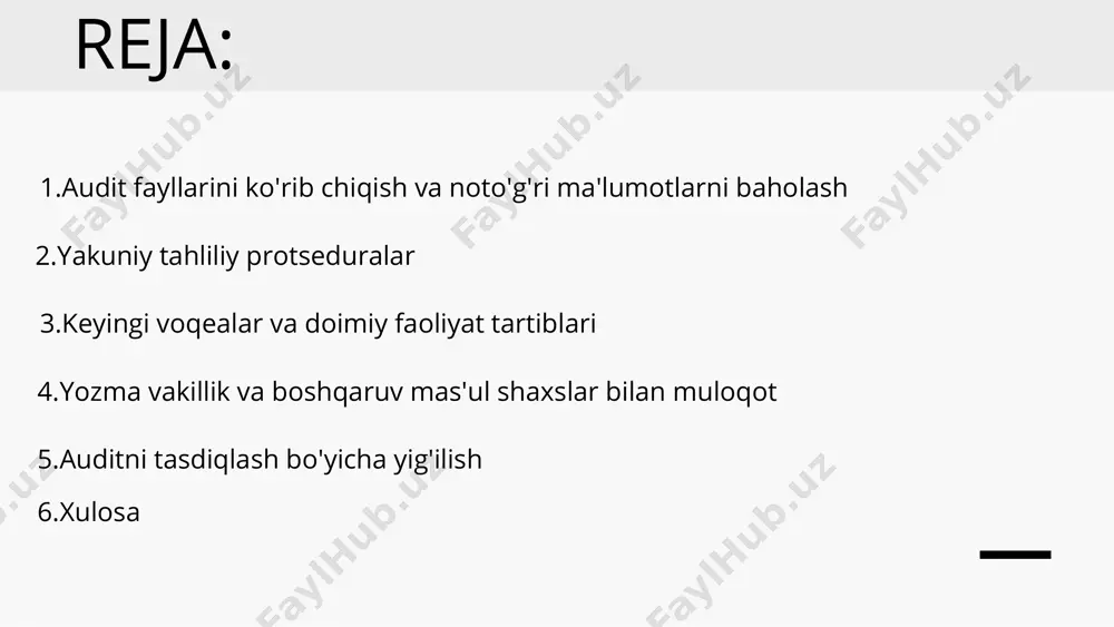 ng moliyaviy hisobotga ta 's ir ini baholashdan iborat . audit fayllarini ko'rib chiqish va noto'g 'ri ma'lumotlarni baholash 450 axs audit davomida aniqlangan barcha noto'g'ri ma'lumotlar (aniq ahamiyatsiz bo'lganlardan tashqari) to'planishini talab qiladi. auditor aniqlangan noto'g'ri ma'lumotlarga javoban qo'shimcha auditorlik protseduralarini bajarishi kerak bo'lishi mumkin - masalan, qo'shimcha noto'g'ri ma'lumotlar mavjudligini aniqlash uchun - va barcha noto'g'ri ma'lumotlar noto'g'ri ma'lumotni tuzatish talabi bilan o'z vaqtida rahbariyatga etkazilishi kerak. aniqlangan. odatda, auditor mijozga noto'g'ri ma'lumotlar ro'yxatini (ko'pincha "auditorlik xatolar jadvali" deb ataladi) taqdim etadi, har bir noto'g'ri ma'lumotlarning miqdorini belgilaydi va moliyaviy hisobotga zarur tuzatishlarni taklif qiladi. taklif etilayotgan tuzatish jurnal yozuvi, moliyaviy hisobot taqdimotiga o'zgartirish yoki oshkor qilish eslatmasiga tuzatish kiritish shaklida bo'lishi mumkin. rahbariyat moliyaviy hisobotga zarur tuzatishlar kiritganda, auditor tuzatishlar to'g'ri kiritilganligini tasdiqlashi kerak. 450-sonli axs shuningdek, auditor rahbariyatdan tuzatilmagan noto'g'ri ma'lumotlarning ta'siri alohida va jami moliyaviy hisobot uchun ahamiyatsiz deb hisoblaydimi yoki yo'qligi to'g'risida rahbariyatdan yozma …