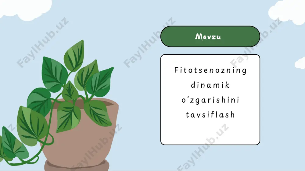 yonlar ekologik sharoitlar va resurslar taqsimoti bilan bogʻliq. f i t o t s en ozn i n g va q t davom i da o ʻzga r i s h i oʻzgarishlarni kuzatish uchun uzoq muddatli oʻlchovlar, sunʼiy yoʻldosh tasvirlari va geografik axborot tizimlari qoʻllaniladi. bu metodlar ekosistemalarni ekologik xavfsizlik va qishloq hoʻjaligida samarali boshqarish uchun muhimdir . oʻzgarishlarni sabablarini tushunish kelajak strategiyalarini ishlab chiqishda asos boʻlib xizmat qiladi . . fitotsenozning oʻzgarishi ekologik omillar , masalan iqlim va tuproq tasir bilan bogʻliq . bu jarayon oʻsimliklarni oʻsishi va rivojlanishini yuzaga keltiradi xu l o s a i t ' s t ime t o as k & answer thank you!