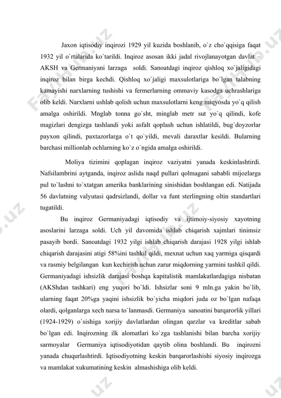 faqat 20%ga yaqini ishsizlik bo`yicha miqdori juda oz bo`lgan nafaqa olardi, qolganlarga xech narsa to`lanmasdi. germaniya sanoatini barqarorlik yillari (1924-1929) o`sishiga xorijiy davlatlardan olingan qarzlar va kreditlar sabab bo`lgan edi. inqirozning ilk alomatlari ko`zga tashlanishi bilan barcha xorijiy sarmoyalar germaniya iqtisodiyotidan qaytib olina boshlandi. bu inqirozni yanada chuqurlashtirdi. iqtisodiyotning keskin barqarorlashishi siyosiy inqirozga va mamlakat xukumatining keskin almashishiga olib keldi. 1930 yil 1 aprelda prezident gindenburg reyxkansler qilib katolik markaz partiyasi vakili genrix bryuningni tayinladi. u buyuk iqtisodchi xisoblanardi, xalqqa uning asosiy maqsadlari iqtisodiyotni barqarorlashtirish va nasistlar partiyasi obrusini tushirishdan iborat, deb tushuntirildi. u bu niyatlarining birortasini xam amalga oshirishni uddalay olmadi. aksincha, gitlerning xokimiyatga kelishini aynan u ta`minladi, deb xisoblash uchun barcha asos bor. reyxtagda ko`pchilik o`ringa ega bo`lmagan yangi kansler veymar konstitusiyasining 48-moddasiga muvofiq prezident dekretlarini chiqarish yo`li bilan mamlakatni boshqardi. 1930 yilda 5, 1931 yilda 44, 1932 yilda 66 ta favqulodda dekretlar chiqarildi. reyxstagning qonun chiqarish faoliyati …