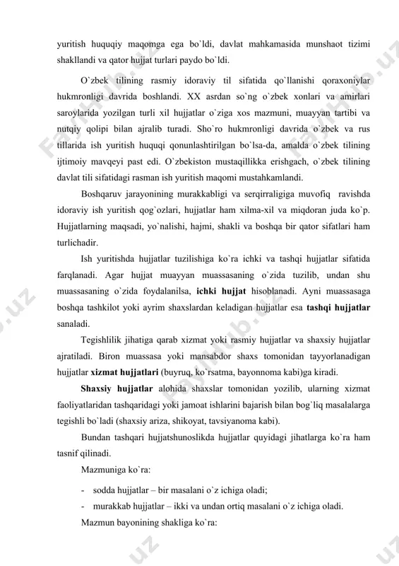usiy (individual) hujjatlar – matn o`ziga ko`ra xos, betakror, erkin bayon; · namunali (tipovoy) hujjatlar – bir–biriga o`xshash va takrorlanadigan masalalar yuzasidan tuzilgan matnlarni o`z ichiga oladi; · qolipli (trafaretli) hujjatlar – oldindan tayyorlangan bosma ish qog`ozlariga yoziladi. rasmiy-idoraviy hujjatlarni tayyorlashda uning zaruriy qismlari joylashishiga, matn mazmuni tarkibiy qismlarining ketma-ketligiga, tinish belgilarining to`g`ri qo`yilishiga alohida e`tibor berish lozim. shu maqsadda quyidagilarga doimo amal qilishni unutmang: — bosma harflarda yoziladigan hujjat nomida barcha harflar katta harflar bilan yozilishi kerak. masalan: tavsiyanoma emas, tavsiyanoma kabi; — hujjat yuboriladigan muassasaning nomi qisqartirilmasdan to`liq, bosh harflar bilan yozilish qoidalariga amal qilgan holda yoziladi; — hujjat matnining asosiy qismlari xatboshi bilan yozilishi lozim. qo`shimcha qismlar asosiy fikrga bog`langan tarzda undan so`ng beriladi; — shaxsiy hujjatlarda izohlanayotgan «men» so`zidan va izoh so`z birikmasidan so`ng vergul qo`yiladi. masalan: men, mahmud qodirov, ... hujjat tayyorlash va ish yuritishda imlo me`yorlariga va tinish belgilarining to`g`ri qo`yilishiga qat`iy amai qilish …