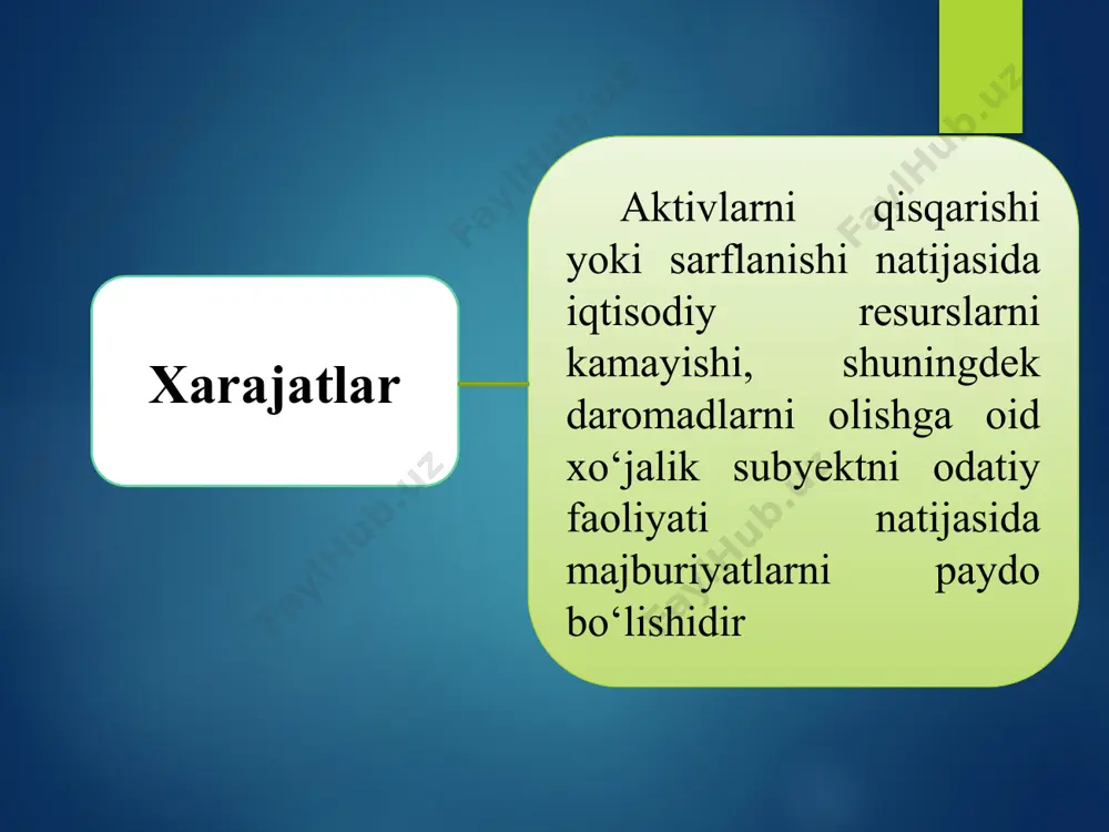 arish xarajatlari quyidagilardan iborat mashina va uskunalarni asrash va ishlatish xarajatlari; ishlab chiqarish xususiyatiga ega bo‘lgan asosiy vositalar va nomoddiy aktivlar­ning amortizatsiya ajratmalari; ishlab chiqarishga tayinlangan aso­siy vositalarni ta’mirlash xarajatlari; ishlab chiqarishdagi mulklarni sug‘urtalash xarajatlari; isitish, yoritish va ishlab chiqarish binolarini asrash xarajatlari; ishlab chiqarishda foydalaniladi­gan binolar, mashina va uskunalar, ija­raga olingan boshqa mulklarning ijara to‘lovlari; ishlab chiqarish tusidagi boshqa xarajatlar. 8. mahsulot tannarxini kalkulyatsiya qilish usullari. kalkulyatsiya – mahsulotni ishlab chiqarish uchun qilingan barcha xarajatlarni belgilangan tartibga muvofiq hisoblash jarayonidir savdo tashkilotlarida esa xarajatlarni inventar baholash usuli ham qo‘llaniladi 4-sonli bhmsga muvofiq tannarxni kalkulyatsiya qilish usullari oddiy usul me’yoriy usul buyurtmali usul jarayonli usul оddiy usul - bir turdagi mahsulot (ishlar, xizmatlar)ni ishlab chiqaradigan va yarim tayyor mahsulotlar va tugallanmagan ishlab chiqarishga ega bo‘lmagan tashkilotlarda qo‘llaniladi. ushbu usul qo‘llanilganda hisobot davridagi barcha ishlab chiqarish xarajatlari barcha ishlab chiqarilgan mahsulotlar (ishlar, xizmatlar) tannarxiga kiritiladi. me’yoriy usul - bu usul xom …