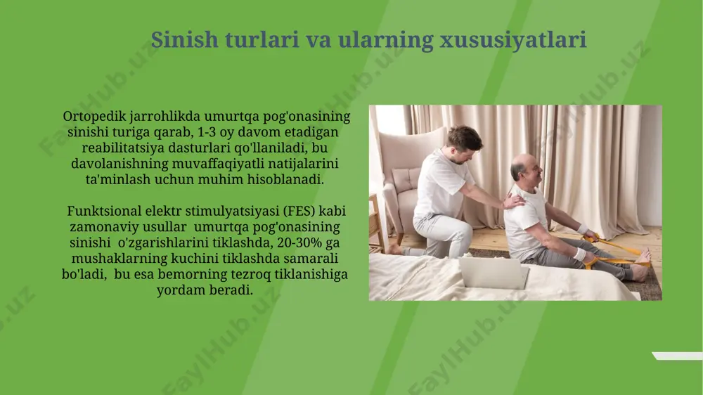 ekslar, mushak kuchi va sezgirlikni baholash, orqa miya shikastlanishining darajasini aniqlash va asab tizimiga ta'sirini aniqlash uchun muhimdir, masalan, 5 darajali mushak kuchining shkalasi qo'llaniladi. uzoq muddatli reabilitatsiya uzoq muddatli reabilitatsiya jarayonida, terapevtlar individual dasturlarni ishlab chiqadilar, unda 3-5 marta takrorlanadigan maxsus mashqlar, masalan, yengil aerobiks va kuch-quvvat mashqlari kiradi. uzoq muddatli reabilitatsiya umurtqa pog'onasining sinishiga chalingan bemorlarda 6 oygacha davom etishi mumkin va mushaklarning kuchini tiklashga, postural nazoratni yaxshilashga va harakatlanish qobiliyatini oshirishga qaratilgan. og‘riqni boshqarish spinal stenoz kabi qoʻshimcha muammolar mavjud boʻlganda, epidural steroid inʼektsiyalari 3-6 oy davomida ogʻriqni sezilarli darajada kamaytirishi mumkin, ammo u uzoq muddatli yechim emas. ogʻriqni boshqarishda 70-80% bemorlarda nsaidlar (masalan, ibuprofen) samarali boʻlib, yalligʻlanishni kamaytiradi va ogʻriqni engillashtiradi, ammo uzoq muddatli foydalanish yon taʼsirlarga olib kelishi mumkin. yurishni tiklash ortopedik jarrohlikdan keyin 6-8 hafta davomida tik turishga o'tish asta-sekin, fizioterapevt nazorati ostida amalga oshirilishi kerak, bu esa umurtqa pog'onasining to'liq tiklanishiga yordam beradi. …