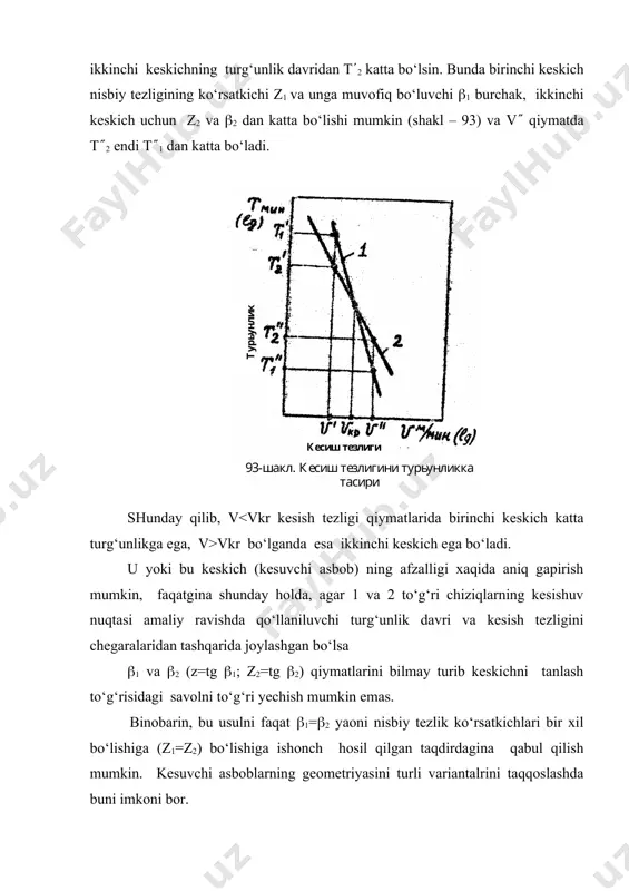 hisoblanadi. biroq, bir qator xollarda bu usul noto‘g‘ri xulosalarga olib kelishi mumkin. masalan, qandaydir v( kesish tezligida birinchi keskichning turg‘unlik davri t1 ikkinchi keskichning turg‘unlik davridan t(2 katta bo‘lsin. bunda birinchi keskich nisbiy tezligining ko‘rsatkichi z1 va unga muvofiq bo‘luvchi (1 burchak, ikkinchi keskich uchun z2 va (2 dan katta bo‘lishi mumkin (shakl – 93) va v( qiymatda t(2 endi t(1 dan katta bo‘ladi. shunday qilib, v vkr bo‘lganda esa ikkinchi keskich ega bo‘ladi. u yoki bu keskich (kesuvchi asbob) ning afzalligi xaqida aniq gapirish mumkin, faqatgina shunday holda, agar 1 va 2 to‘g‘ri chiziqlarning kesishuv nuqtasi amaliy ravishda qo‘llaniluvchi turg‘unlik davri va kesish tezligini chegaralaridan tashqarida joylashgan bo‘lsa (1 va (2 (z=tg (1; z2=tg (2) qiymatlarini bilmay turib keskichni tanlash to‘g‘risidagi savolni to‘g‘ri yechish mumkin emas. binobarin, bu usulni faqat (1=(2 yaoni nisbiy tezlik ko‘rsatkichlari bir xil bo‘lishiga (z1=z2) bo‘lishiga ishonch hosil qilgan taqdirdagina qabul qilish mumkin. kesuvchi asboblarning …