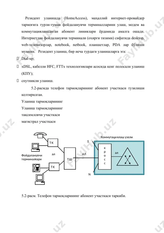 шлейфни зичлаштирувчи кенг полосали рақамли тизимни яратиш; · рақамли абонент линия (ал)сининг узоқдаги модемига частотавий модуляция, маълумотлар оқимини “тармоқ-фойдаланувчи” ва “фойдаланувчи-тармоқ” узатиш юкламаси маршрутизацияси; · физик сатхни ўзгартириш. маҳаллий узелнинг интернет-провайдери, хонадон абонентларини ва коммерцион фаолият олиб борувчи корхоналарни xdsl станцияси билан улаш учун dslamни қўллайди. dslam рақамли абонент линиясининг юзлаган модемларидан чиққан “тармоқ-фойдаланувчи” оқимларини маълумотларини қабул қилиши керак, кейин бу маълумотларни улаган ва мультиплексирлаган ҳолда, анча юқори тезликда узатиш учун частотавий қурилмага киритади. dslam, “тармоқ-фойдаланувчи” оқимларини, тармоқни таъминловчиларни кейинги қурилмаларига бирлаштиради: хdsl орқали уланиш қуйидаги афзалликларга эга: · мавжуд абонент линиялари (ал)ни қўллаш; · такомиллаштирмасдан, телефон симларининг мис жуфтликлари бўйича маълумотларни узатиш тезлигини сезиларли даражада ошириш; · жуда кўп хар хил турдаги трафикларни (одатдаги телефон гаплашишларидан тортиб internet га уланишгача) ягона абонент линияси бўйича узатиш; · маълумотларни 32кбит/с дан 50мбит/с гача тезликда узатиш; xdsl оиласи таркибига қуйидаги технологиялар киради: · adsl (asymmetric digital subscriber line – асимметрик рақамли абонент …