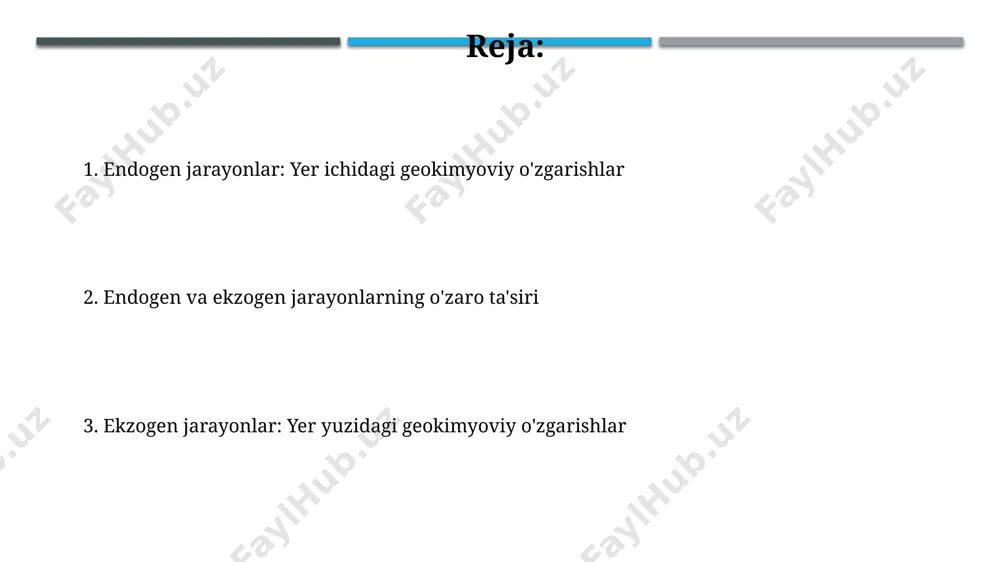 i va kimyoviy ob-havo temirning oksidlanishi natijasida hosil boʻlgan gematit va limonit kabi minerallar tuproqning qizil rangini (ph 4-6 oraligʻida) beradi va bu jarayon temirning eruvchanligiga ta'sir koʻrsatadi. granitning kimyoviy ob-havo jarayoni natijasida 30% gacha boʻlgan qismi eriydi va bu jarayonda asosan silikatlarning gidrolizlanishi va karbonatlanishi kabi reaksiyalar roʻy beradi. metamorfik jarayonlar va geokimyoviy o'zgarishlar kontakt metamorfizm magma jinslar bilan aloqa qilganda, 1000°c gacha harorat ta'sirida sodir bo'ladi va bu kontakt zonasida marmar, skarn kabi kontakt metamorfik jinslarni hosil qiladi. metamorfizm jarayonida bosim 5-10 kbar va harorat 200-800°c gacha yetishi mumkin, bu esa minerallarning qayta kristallanishi va yangi minerallarning hosil bo'lishiga olib keladi. rudali konlarning hosil bo'lishi va geokimyosi gidrotermal rudali konlarning hosil boʻlishi, 200-400°c haroratdagi suvli eritmalarning porlar va yoriqlar orqali harakatlanishi va au, ag, cu kabi metallarning choʻkindi hosil qilishi bilan bogʻliq. rudali konlarning hosil boʻlishida magmatik jarayonlar muhim rol oʻynaydi, masalan, pegmatitlar 100 m gacha kattalikdagi kristallarni …