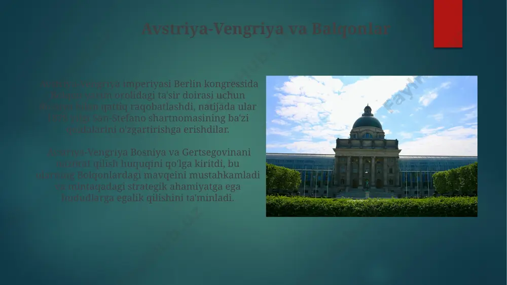 -венгрия босния ва герцеговинани ишғол қилиш ҳуқуқини олди, бу минтақадаги геосиёсий мувозанатни ўзгартирди ва келажакдаги зиддиятлар учун замин яратди. kongressning uzoq muddatli ta'siri берлин конгресси натижасида европада 10 йилдан ортиқ давом этган нисбий тинчлик ўрнатилди, бу давлатлар ўртасидаги муносабатларни яхшиланишига олиб келди. конгрессдан сўнг, африка ва осиёдаги колониал курашлар кучайди, бу европа империялари ўртасида янги ҳудудий тортишувларга сабаб бўлди. e'tiboringiz uchun rahmat @taqdimot_robot image6.jpg image7.jpg image8.jpg image9.jpg image10.jpg image11.jpg image12.jpg image13.jpg image14.jpg image15.jpg image16.jpg image17.jpg image18.jpg image19.jpg image20.jpg image21.jpg image22.jpg image2.png image3.png image4.png image5.png