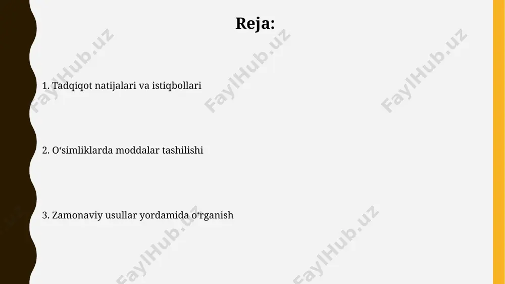 va bu samarqand viloyatining qumli tuproqlarida ancha yuqori boʻladi. oʻsimliklarning suv yutish intensivligi tashqi muhitning harorati va namligiga bogʻliq boʻlib, 25-30°c harorat va 60-70% namlikda suvning singishi eng yuqori boʻladi va bu ma'lumotlar toshkent shahridagi ilmiy tadqiqot markazlarida olingan. o'simliklarda moddalarning tashilishiga kirish ildizdan suvning yuqoriga koʻtarilishi, transpirasiya va kapillyar kuchlar ta’siri natijasida 20-30 mpa bosim bilan amalga oshiriladi. bu jarayonni oʻrganish uchun zamonaviy gidravlika usullaridan foydalaniladi. oʻsimliklarda suv va mineral moddalar floema orqali 30 m/soat tezlikda, ksylem orqali esa 15 m/soat tezlikda harakatlanishi kuzatilgan. bu jarayonlar toshkent davlat universitetida oʻtkazilgan tadqiqotlar natijalariga asoslangan. zamonaviy tadqiqot usullari o'simliklarda suvning harakatini aniqlash uchun, 10 mpa gacha bo'lgan bosimni o'lchash imkoniyatiga ega bo'lgan, yaponiyaning kyoto shahridagi laboratoriyalarda ishlab chiqilgan maxsus sensorlardan foydalanish samarali hisoblanadi. o'simliklarda moddalarning transportini o'rganishda 3d mikroskopiya, masalan, konfokal mikroskopiya yordamida 100 nm gacha bo'lgan hujayra tuzilmalarini batafsil o'rganish imkoniyati taqdim etadi, bu esa germaniyaning göttingen shahridagi universitetlarida keng …