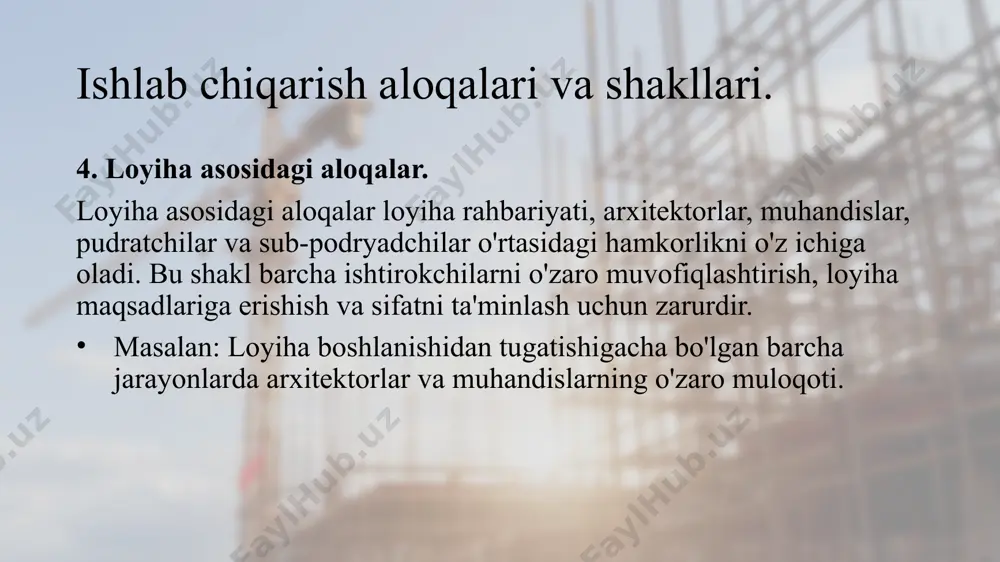 ishlar orasidagi aloqalarni nazorat qiladi. sub-podryadchilar muayyan ishlarga mas'ul bo'lib, o'z navbatida bosh pudratchi tomonidan nazorat qilinadi. ishlab chiqarish aloqalari va shakllari. integratsiyalashgan loyihalarni boshqarish (integrated project delivery - ipd). ipd shakli, qurilish jarayonidagi barcha ishtirokchilar (loyiha egasi, arxitektorlar, muhandislar, pudratchilar va sub-podryadchilar) o'rtasidagi integratsiyalashgan hamkorlikni ta'minlaydi. bu usulda barcha ishtirokchilar birgalikda ishlab, loyiha maqsadlariga erishish uchun o'zaro kelishilgan ravishda ishlaydi. ishlab chiqarish aloqalari va shakllari. dizayn va qurilish birlashtirilgan shakli (design and build). bu shaklda arxitektura, dizayn va qurilish jarayonlari birlashtirilgan bo'lib, loyiha boshqaruvchisi yoki pudratchi ham dizaynni, ham qurilishni amalga oshiradi. bu usulda pudratchi loyiha uchun barcha mas'uliyatni o'z zimmasiga oladi. image2.png image3.png image4.png image5.png image6.png image7.png image8.png image9.png image10.png image11.png image12.png image13.png image1.png /docprops/thumbnail.jpeg