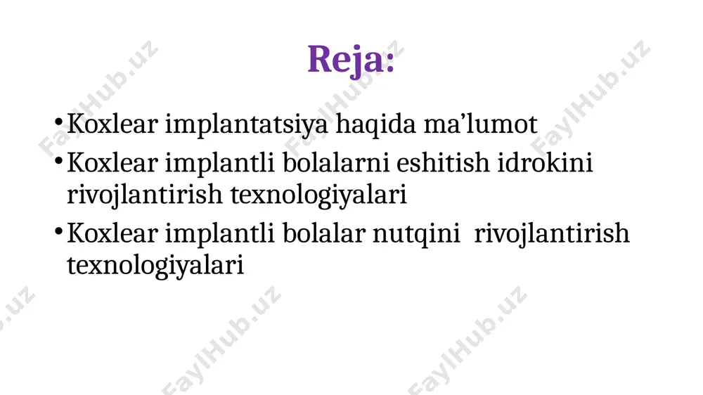 gan odamga tovushni idrok etishni taʼminlaydi. terapiya yordamida koxlear implantlar sokin va shovqinli muhitda nutqni tushunishni yaxshilashga imkon beradi implant ikkita asosiy komponentdan iborat. tashqi komponent odatda quloq orqasiga taqiladi, lekin bolalarda kiyimga ham biriktirilishi mumkin. ushbu komponent, tovush protsessorida mikrofonlar, elektron qurilmalar, raqamli signal protsessorlari (dsp) chiplari, batareya va teri boʻylab implantga signal uzatuvchi gʻaltak mavjud. ichki komponent, yaʼni haqiqiy implant, signallarni qabul qilish uchun spiral, elektronika va chigʻanoq ichiga joylashtirilgan elektrodlar majmuasiga ega boʻlib, ular koxlear nervni ragʻbatlantiradi bir nechta tizimlar mavjud, ammo ular odatda quyidagi komponentlarga ega: tashqi: atrof-muhitdan tovushni qabul qiladigan bir yoki bir nechta mikrofon eshitiladigan nutqqa ustuvorlik berish uchun ovozni tanlab filtrlaydigan nutq protsessori quvvat va qayta ishlangan tovush signallarini teri boʻylab radiochastota uzatish orqali ichki qurilmaga yuboradigan transmitter ichki: nutq protsessoridan signallarni qabul qiluvchi va ularni elektr impulslariga aylantiruvchi qabul qiluvchi/stimulyator koklea ichiga oʻrnatilgan elektrodlar majmuasi koxlear implant – (yunoncha coclea – chig’anoq) …