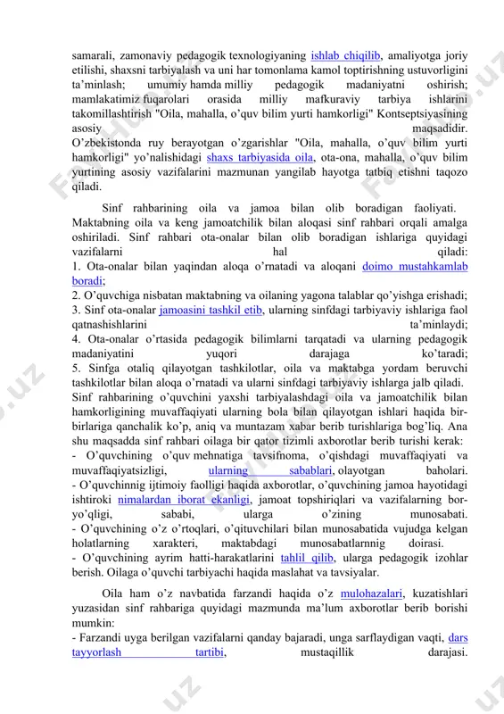 quyidagi o’zaro aloqalari, uyg’un yo’nalishlari belgilab olindi. milliy tarbiya yo’nalishi orqali yoshlarda o’zlikni anglash, vatanparvarlik, milliy g’urur, millatlararo muloqot madaniyati, milliy mafkuraviy onglilik, milliy odob, fidoyilik fazilatlari shakllantiriladi. umuminsoniy yo’nalishda huquqiy, iqtisodiy, jismoniy, aqliy, estetik, ekologik, gigityenik va boshqa tarbiya yo’nalishlari amalga oshiriladi. bu kontseptsiya milliy davlatchilik va jamiyat qurilishi talablari asosliligini ta’minlaydi. kontseptsiyada oilaga alohida e’tibor qaratildi. o’zbekistonda 1998 yil "oila yili" deb e’lon qilinishi oilaning tarbiyaviy rolini yanada kuchaytirdi. qayd etilgan masalalar jamiyatimiz, xalqimiz, davlatimiz taqdiri va uning dunyo miqyosidagi syosiy, iqtisodiy, ijtimoiy salohiyatini shakllantirishda g’oyat katta ahamiyatga ega ekanligiga xxxxxxxxxxxxxxxxxxxxxxxxxxxxxshuningdek, o’zbekiston respublikasining "ta’lim to’g’risida"gi qonunining 30-moddasida "voyaga yetmagan shaxslarning ota-onalari yoki qonuniy vakillari shaxsning qonuniy huquqlari va manfaatlarini himoya qilishlari shart hamda ularning tarbiyasi, o’quv muassasasigacha, umumiy o’rta, o’rta maxsus, kasb-hunar ta’limi olishlari uchun javobgardirlar", deb belgilab qo’yilgan. . bu "oila, o’quv bilim yurti, mahalla hamkorligi" bugungi kunning ma’naviy, ma’rifiy, mafkuraviy, tarbiyaviy zarurati ekanligini bildiradi. yosh avlodni …