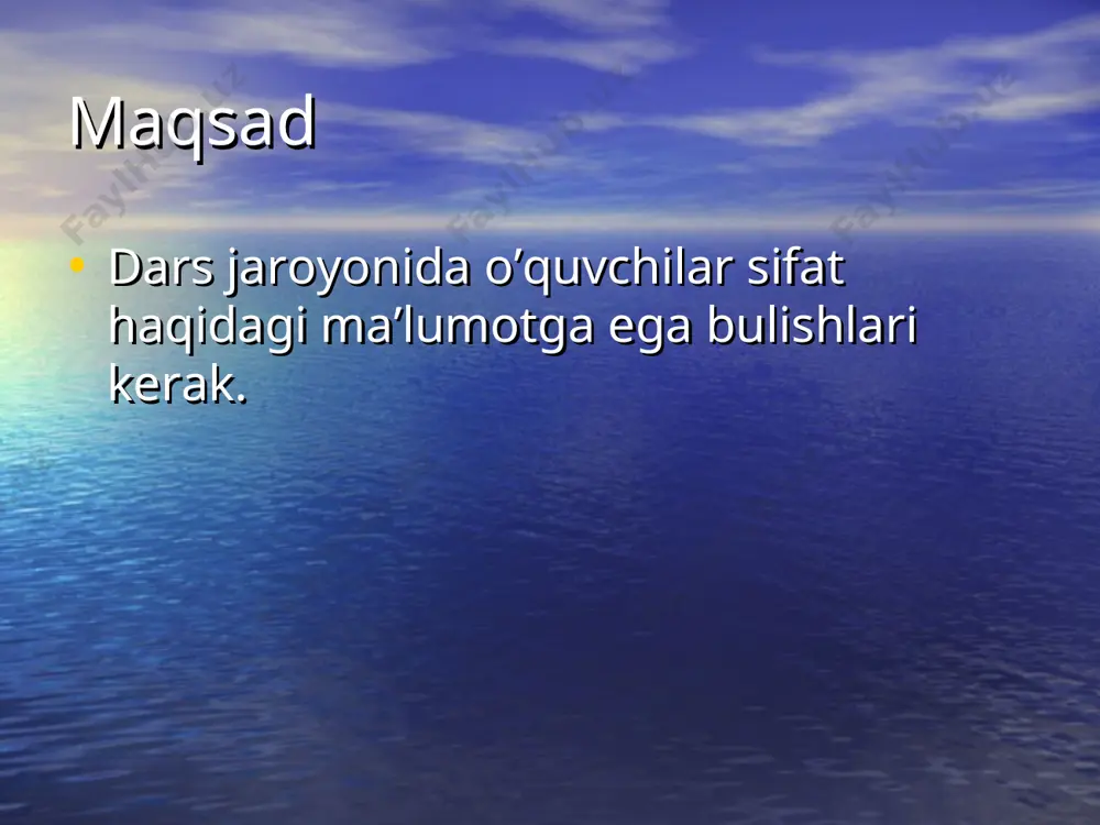 qoldi safo, osmon shunday....... . o’rikzirda hamma yoq o’rik gulidan..... . maysazorda gulnora terdi...-..... lola. chopqilashib izma-iz yig’ishdi...... yalpiz, testlar 1. qushma sifatlarni aniqlang: a) xosiyatli, oqish; b) sheryurak, erksevar; c) yangi-yangi, lo’ppi-lo’ppi. 2. juft sifatlar qatorini toping: a) baland-past, katta-kichik; b) xushsurat, ko’m-ko’k; c) to’p-to’p, sap-sariq. tug’ri topding! ofarin!!! 3. sifatning tuzilishiga ko’ra turlarini aniqlang: a) sodda sifat, qo’shma sifat, juft sifat, takroriy sifat; b) oddiy sifat, qiyosiy sifat, orttirma sifat; c) ozaytirma sifat, takroriy sifat, jift sifat. javobingiz tug’ri!!! 4. “sheryurak” so’zi tuzilishiga ko’ra qanday sifat bo’ladi? a) rang-tus bildiruvchi sifat; b) qiyosiy darajadagi sifat; c) qushma sifat. 5. sifat darajasini belgilang: a) xilma-xil – takroriy sifat; b) juda kichkina – orttirma sifat; c) rosa balandda – qiyosiy daraja. 6. sifatga mansub bo’lmagan so’zlar qatorini aniqlang: a) qizg’in, sershovqin, mohir; b) sermhsul, hozirjavob, sarishta; c) aql, odob, ulkan. balki xatodir? yana o’ylab ko’ring 7. quydagi gaplardan sifatlarni ajrating: …