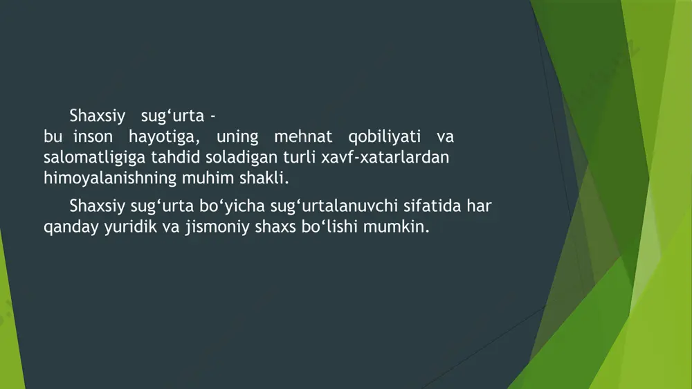 ib kelmoqda. ushbu sug‘urta turlari bo‘yicha sug‘urta tarifi bir sug‘urtalanuvchiga bir yilga eng kam oylik ish haqining 20 foizi miqdorida belgilangan. 2005 yil 1 fevral holatiga bu summa 1306 so‘mni tashkil etadi (2004 yil 1 avgustdan eng kam ish haqi 6530,0 so‘m miqdorida belgilangan). sug‘urta mukofotlari sug‘urtalanuvchi uchun respublika byudjeti mablag‘lari hisobidan to‘lanadi. hozirgi paytda mamlakatimizda faoliyat ko‘rsatayotgan sug‘urta tashkilotlari, asosan, quyidagi sug‘urta turlarini amalga oshirishadi: hayot sug‘urtasi chet elga ketayotgan shaxslarni sug‘urtasi ixtiyoriy tibbiy sug‘urta va kasal bo‘lish holatidan sug‘urta baxtsiz hodisalardan sug‘urtalash sug‘urta bozorida mijozlarni jalb etish bo‘yicha raqobat bo‘lganligi tufayli ixtiyoriy shaxsiy sug‘urta turlari bo‘yicha tarif stavkalari turlichadir. masalan, “o‘zbekinvest” kompaniyasida 20-25 yoshlardagi shaxslarni 100,0 ming so‘mga sug‘urtalash uchun tarif stavkasi ana shu sug‘urta summasiga nisbatan 1,125 foizni, yoshi 55-60 da bo‘lgan fuqarolar uchun esa tarif stavkasi 1,575 foizni tashkil etadi. “o‘zagrosug‘urta” sug‘urta kompaniyasida maktab o‘quvchilarini baxtsiz hodisalardan ixtiyoriy sug‘urtalash bo‘yicha tarif stavkasi sug‘urta summasiga nisbatan 0,2 …