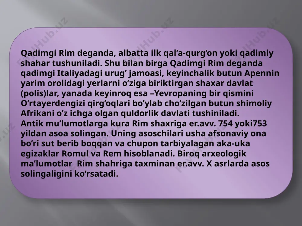 otda sels va klavdiy galen alohida yutuqlarga erishdilar; tarixda - sallust, pliniy, tatsit, tit livi; adabiyotda - livi andronik, plaut, gay valeriy katull, virjil, gay petroniy, horas, ovid nazon, plutarx. shuningdek, butun evropada qo'llaniladigan rim qonuni haqida ham eslash kerak. va bu bejiz emas, chunki o'n ikki jadval qonunlari rimda yozilgan. huquq fani. qadimgi r.da miloddan avvalgi 3-asr va milodiy 3-asrlarda huquq keng rivoj topib, qonunlar yaratishda yuristlar katta rol oʻynadilar. 1—3-asrlarda turli ijtimoiy tabaqalarning qarashlarini aks ettirgan 2 huquq maktabi — respublika tuzumi tarafdorlari bilan prinsipat tarafdorlari oʻrtasida kurash davom etdi, bu noahillik sud ishlariga ham oʻz taʼsirini koʻrsatdi. avgustdan boshlab imperatorlar yirik yuristlarni hal qiluvchi ovozga ega qilib, yuridik konsultatsiyalarni ularga topshirdilar. imperator xizmatida boʻlgan bu yuristlar oʻz navbatida imperatorlarning cheksiz huquklarini himoya qildilar tarix fani rivoji yilningmuhim voqealari tavsiflangan annallardan boshlanadi. miloddan avvalgi taxminan 130-yilda annallar 80 kitobdan iborat boʻlib „katta annallar“ nomi bilan tayyorlangan. ilk tarixchilar …