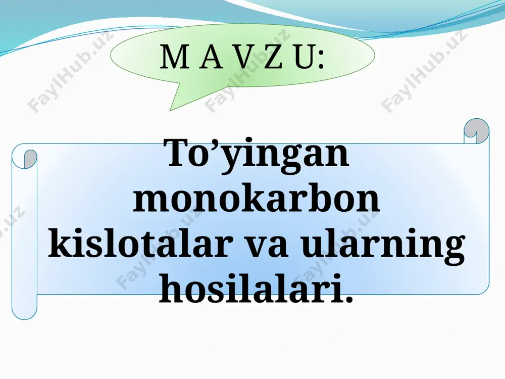 n kislota c16h33cooh margarin kislota geptadekan kislota c17h35cooh stearin kislota oktadekan kislota fizik xossalari с1 – с3 o’tkir hidli suyuqlik bo’lib, suvda juda yaxshi eriydi с4 – с9 quyuq moysimon suyuqlik bo’lib, yoqimsiz hidga ega. suvda yomon eriydi. c10 va undan ko’p hidsiz, qattiq moddalar bo’lib, suvda erimaydi tabiatda tarqalishi сн3 – соон sirka kislota сн3 – сн2 – сн2 - соон moy kislota chumoli kislota сн3 – сн2 – сн2 – сн2 – соон valerian kislota ноос – соон shovul kislota olinishi: 1. spirtlarni oksidlab 2. aldegidlarni oksidlab 3. uglevodorodlarni oksidlab oksidlanayotgan spirt va aldegidning radikaliga qarab tegishli kislotalar hosil bo’ladi р,к gal galogen angidridlar kislota amidlari murakkab efirlar nh2 or gidroliz gidroliz gidroliz oh oh oh hgal nh3 roh gemigaloid uglevodorodlarni gidrolizlab orto efirlarni gidrolizlab kislota nitrillarini gidrolizlab kimyoviy xossalari karbon kislotalardagi cooh dagi h atomi spirtlarning oh guruhidagi h atomlaridan kislotalik xossasi kuchli. lakmusni qizartiradi, eng kuchlisi …