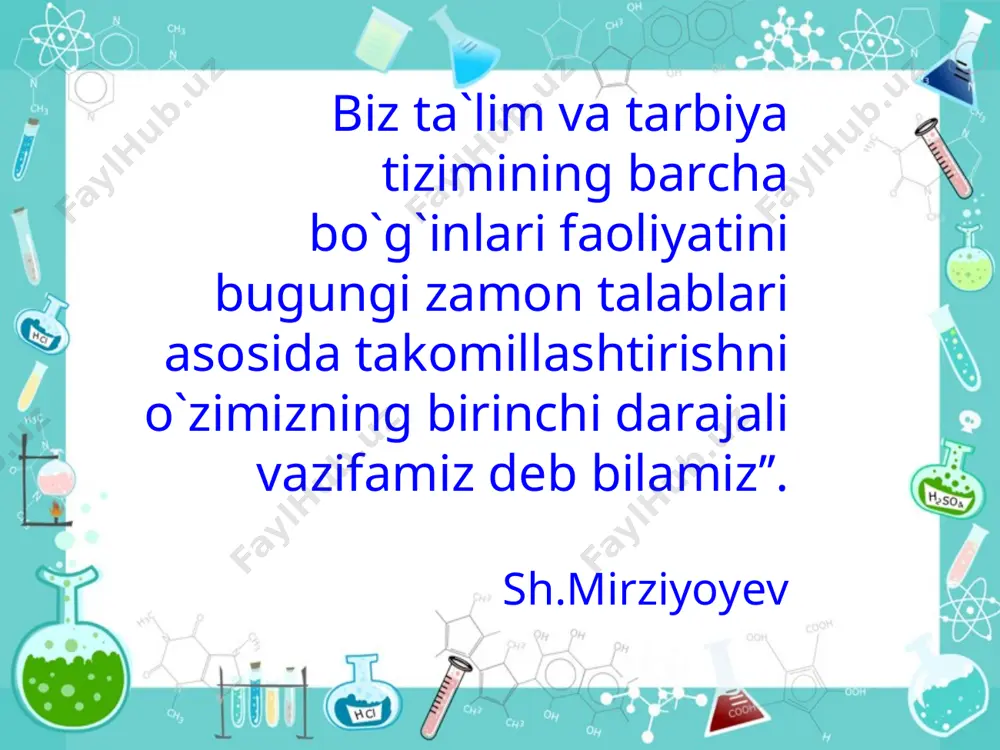 dning ekvevalent massasini aniqlang? masala mavzuni mustahkamlash muammoli vaziyat, jadval asosidagi diktant ,bingo” o’yini,”ortiqchasini top” usullaridan foydalanamiz. “muammoli vaziyat” rasmda nima aks etgan? jadval asosidagi diktant. мavzu: ekvivalentlik qonuni 1. fosforning 2 ta atomi va kislorodning 5 ta atomi - j: p2o5 2. vodorodning 3 ta atomi, fosforning 1 ta, kislorodning 4 ta atomi – j; h3po4 3. azotning 2 ta atomi, kislorodning 3 ta atomi – j:n3o2 4. vodorodning 2 ta atomi, uglerodning 1 ta atomi, kislorodning 3 ta atomi - j: h2co3 5. kaliyning 1 ta atomi, azotning 1 ta atomi , kislorodning 3 ta atomi - j:kn3o 6.mg ning ekvivalent massasi -12g/ekv ga teng 7. suvning ekvevalent massasi- 9g/ekv ni tashkil etadi. 8. ekvivalent birligi - “g/mol” ni belgilaydi. 9. ekvivalent massasi 20g/ekv ga teng bo’lgan element - ca . 10.kislotalar ekvivalent masssani topish formulasi e kislota = mr(kislota ) n*h diktantni jadval asosida tekshiramiz. ha 1 …