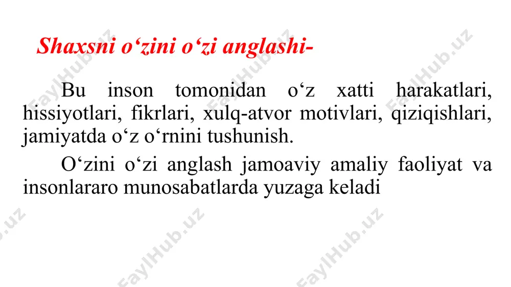 li uyqu, og'riqning yo'qligi va boshqalar; xavfsizlik zarurati: ishonch hissi, qo'rquv va muvaffaqiyatsizlikdan xalos bo'lish; tegishlilik hissiga ega bo'lish va muhabbatga bo'lgan ehtiyoj; hurmatga bo'lgan ehtiyoj: muvaffaqiyatga erishish, ijobiy baholanish, tan olish; kognitiv ehtiyojlar: bilim olish, qodir bo'lish, kashf qilish; estetik ehtiyojlar: uyg'unlik, tartib, go'zallik; (eng yuqori) o'z-o'zini namoyon etishga bo'lgan ehtiyoj: o'z maqsadlarini, qobiliyatlarini amalga oshirish, o'z shaxsiyatini rivojlantirish. bundan tashqari, batafsilroq tasnif mavjud. bunday tizimda 7 ta asosiy daraja (ustuvorliklar) ajratiladi: o‘zini o‘zi namoyon qilish - bu shaxsning iste’dodi va qobiliyatlarini to‘liq ochib berish; bu shaxsning ijodiy salohiyatini ro‘yobga chiqarish: har bir inson iste’dodli va qobiliyatli. bu insonning o‘z salohiyatini ro‘yobga chiqarish uchun o‘z ustida doimiy ishlashi. o‘zini o‘zi namoyon qilishning omillari va cheklovlari o‘zini o‘zi namoyon qilishga eng noqulay sharoitlarda o‘zini o‘zi hurmat qilish qobiliyatida namoyon bo‘ladigan «men» kuchi yordam beradi. o‘zini o‘zi namoyon qilish quyidagilarga asoslanadi (p. vaynsvayg): 1) qiyinchiliklarni yengish zarurati, 2) o‘z-o‘zini nazorat qilish …