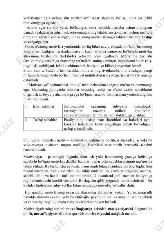 tlarimiz asosida qanday motivatsiyalar yotadi? motivatsiya xulq-atvorni maqsadga yo’naltiradigan istaklar yoki ehtiyojlarni tavsiflaydi. motivatsiyalar biologic motivlardan tashqari ichki (ichki olamdan kelib chiqadigan) yoki tashqi (tashqi olamlardan keladigan) bo’lishi mumkin. ichki motivatsiyali xatti-xarakatlar ular olib keladigan shaxsiy qoniqish hissi tufayli amalga oshiriladi, tashqi motivatsiyali xatti-xarakatlar esa boshqalardan biror narsa olish uchun amalga oshiriladi. nima uchun hozir institutda ekanligingizni o’ylab ko’ring. siz o’rganishni yoqtirganingiz va o’zingizni yanada barkamol shaxs qilish uchun ta’lim olishni xohlayotganingiz uchun shu yerdamisiz? agar shunday bo’lsa, unda siz ichki motivatsiyaga egasiz. ammo agar siz shu yerda bo’lsangiz, katta maoshli martaba uchun o’zingizni yanada realizatsiya qilish yok iota-onangizning talablarini qondirish uchun institute diplomini olishni xohlasangiz, unda sizning motivatsiyangiz tabiatan ko’proq tashqi xususiyatga ega. shaxs o’zining motivlari yordamida borliq bilan uzviy aloqada bo’ladi. insonning xulq-atvori (xulq)ni harakatlantiruvchi kuchi sifatida namoyon bo’luvchi motivlar shaxsning tuzilishida (tarkibida) yetakchi o’rin egallaydi. motivning tuzilishi (strukturaviy) tarkibiga shaxsning yo’nalishi, uning xarakteri, emotsional holati (his-tuyg’usi), qobiliyati, …