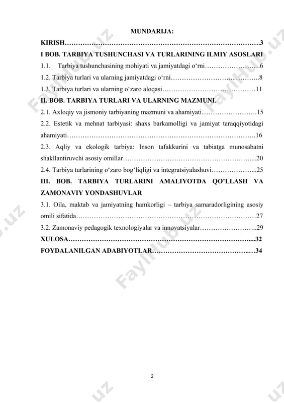 asalasi, ularni har tomonlama sog‘lom, ma’naviy boy shaxs etib kamol toptirish zarurligi alohida ta’kidlanmoqda. [1: mirziyoyev sh.m. “yangi o‘zbekiston strategiyasi” asari. – toshkent: “o‘zbekiston” nashriyoti, 2021] mavzuning dolzarbligi. bugungi globallashuv davrida axborot oqimining haddan tashqari kuchaygani, turli g‘oyalar va madaniyatsizlik tahdidi ostida qolayotgan yosh avlodni to‘g‘ri yo‘lga yo‘naltirish tarbiya jarayonining har qachongidan ham dolzarb masalalardan biri sifatida namoyon bo‘lmoqda. ayniqsa, insonning har tomonlama kamol topishi, ijtimoiy hayotga faol va foydali a’zo bo‘lib shakllanishi uchun tarbiya turlarining har biri o‘z o‘rnida muhim ahamiyat kasb etadi. shu sababli ushbu kurs ishida tarbiya turlarining mazmuni, ularning o‘zaro uyg‘unligi, zamonaviy talablarga javob berishi hamda amaliy hayotdagi tatbiqlanishini o‘rganish zarurati yuqori. bugungi kunda o‘zbekiston respublikasi o‘z taraqqiyotining yangi bosqichiga qadam qo‘yayotgan bir paytda, har tomonlama barkamol shaxsni shakllantirish muhim vazifalardan biri sifatida ko‘rilmoqda. mamlakatimizda olib borilayotgan keng ko‘lamli islohotlar, ta’lim-tarbiya tizimini tubdan yangilash va zamonaviylashtirishga qaratilgan harakatlar — barchasi o‘sib kelayotgan avlodni sog‘lom, ma’naviy yetuk, …