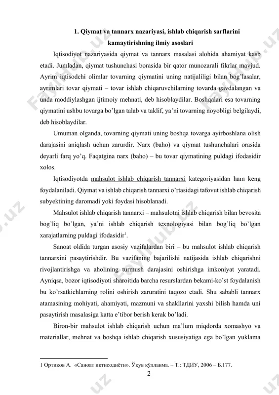 ida barcha resurslardan bekami-ko’st foydalanish bu ko’rsatkichlarning rolini oshirish zaruratini taqozo etadi. shu sababli tannarx atamasining mohiyati, ahamiyati, mazmuni va shakllarini yaxshi bilish hamda uni pasaytirish masalasiga katta e’tibor berish kerak bo’ladi. biron-bir mahsulot ishlab chiqarish uchun ma’lum miqdorda xomashyo va materiallar, mehnat va boshqa ishlab chiqarish xususiyatiga ega bo’lgan yuklama xarajatlar sarflanadi. mahsulot ishlab chiqarish bilan bevosita bog’liq bo’lgan xarajatlarning puldagi ifodasi mahsulot ishlab chiqarish tannarxi deb ataladi. mahsulot ishlab chiqarish tannarxi ko’rsatkichi ishlab chiqarishni rivojlantirishda va uni tashkil etishda muhim rol o’ynaydi. mahsulot ishlab chiqarish tannarxini pasaytirish ishlab chiqarish rentabelligini oshirish, ya’ni foydani ko’paytirishning, mavjud resurslar bilan ishlab chiqarish hajmini o’stirishning muhim omili hisoblanadi. mahsulot ishlab chiqarish tannarxi ko’rsatkichi ishlab chiqarish sifat ko’rsatkichlari orasida alohida o’rin tutadi. ishlab chiqarishni va mehnatni tashkil etish, texnika va materiallardan foydalanish, moddiy texnika ta’minotini takomillashtirish, mahsulot sifatini yaxshilash borasidagi hamma o’zgarishlar xarajatlar darajasida aks etadi. shu sababli ham biz mahsulot tannarxi ishlab …