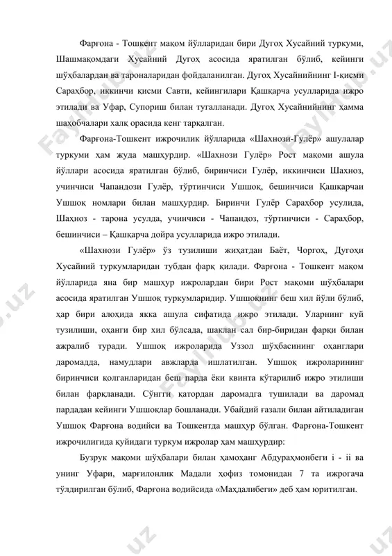 , birinchisi gulyor, ikkinchisi shaxnoz, uchinchisi chapandozi gulyor, to'rtinchisi ushshoq, beshinchisi qashqarchai ushshoq nomlari bilan mashhurdir. birinchi gulyor sarahbor usulida, shahnoz - tarona usulda, uchinchisi - chapandoz, to'rtinchisi - sarahbor, beshinchisi – qash​qarcha doyra usullarida ijro etiladi. «shaxnozi gulyor» o'z tuzilishi jihatdan bayot, chorgoh, dugohi xusayniy turkumlaridan tubdan farq qiladi. farg'ona - toshkent maqom yo'llarida yana bir mashhur ijrolardan biri rost maqomi sho'hbalari asosida yaratilgan ushshoq turkumlaridir. ushshoqning besh xil yo'li bo'lib, har biri alohida yakka ashula sifatida ijro etiladi. ularning kuy tuzilishi, ohangi bir xil bo'lsada, shaklan sal bir-biridan farqi bilan ajralib turadi. ushshoq ijrolarida uzzol sho'hbasining ohanglari daromadda, namudlari avjlarda ishlatilgan. ushshoq ijrolarining birinchisi qolganlaridan besh parda yoki kvinta ko'tarilib ijro etilishi bilan farqlanadi. so'nggi qatordan daromadga tushiladi va daromad pardadan keyingi ushshoqlar boshlanadi. ubaydiy g'azali bilan aytiladigan ushshoq farg'ona vodiysi va toshkentda mashhur bo'lgan. farg'ona-toshkent ijrochiligida quyidagi turkum ijrolar ham mashhurdir: buzruk maqomi sho'hbalari bilan hamohang abdurahmonbegi …